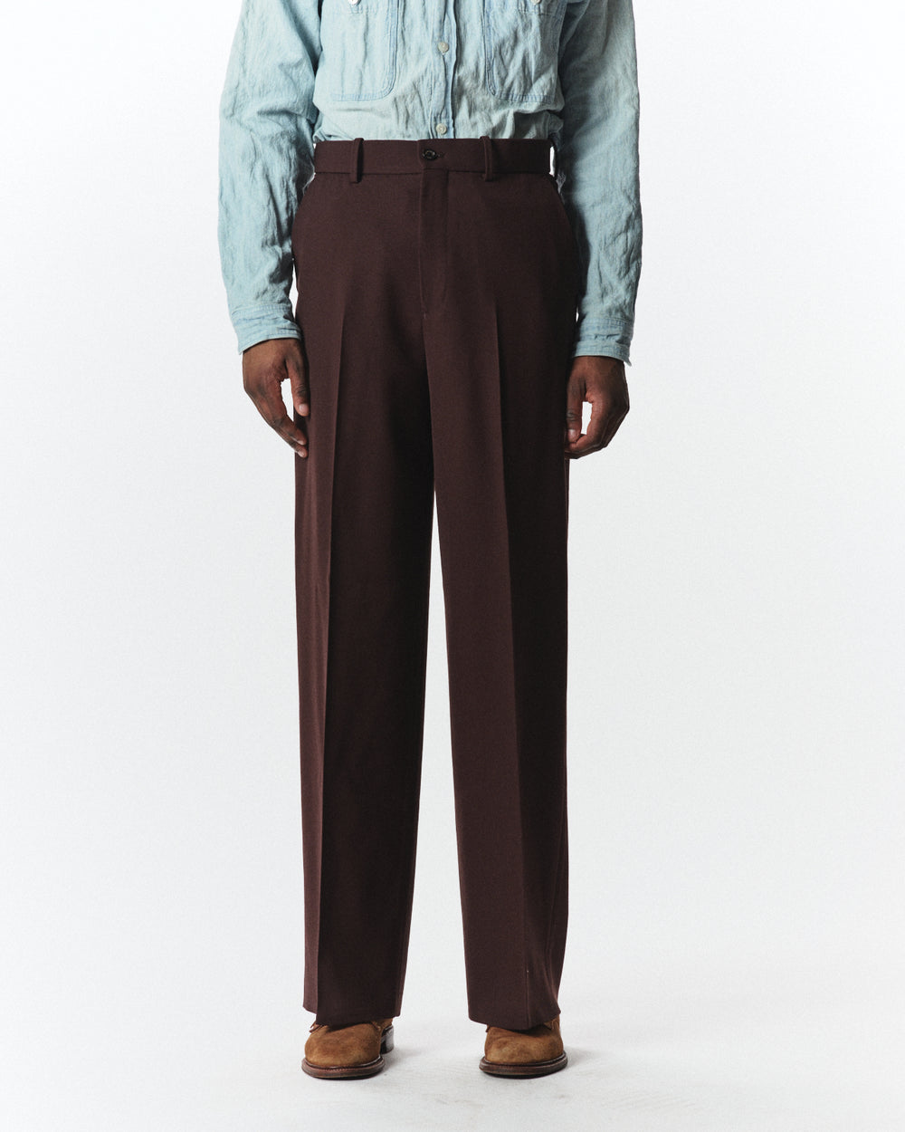 Organic Wool Survival Cloth / Flat Front Wide Trousers, Dark Brown