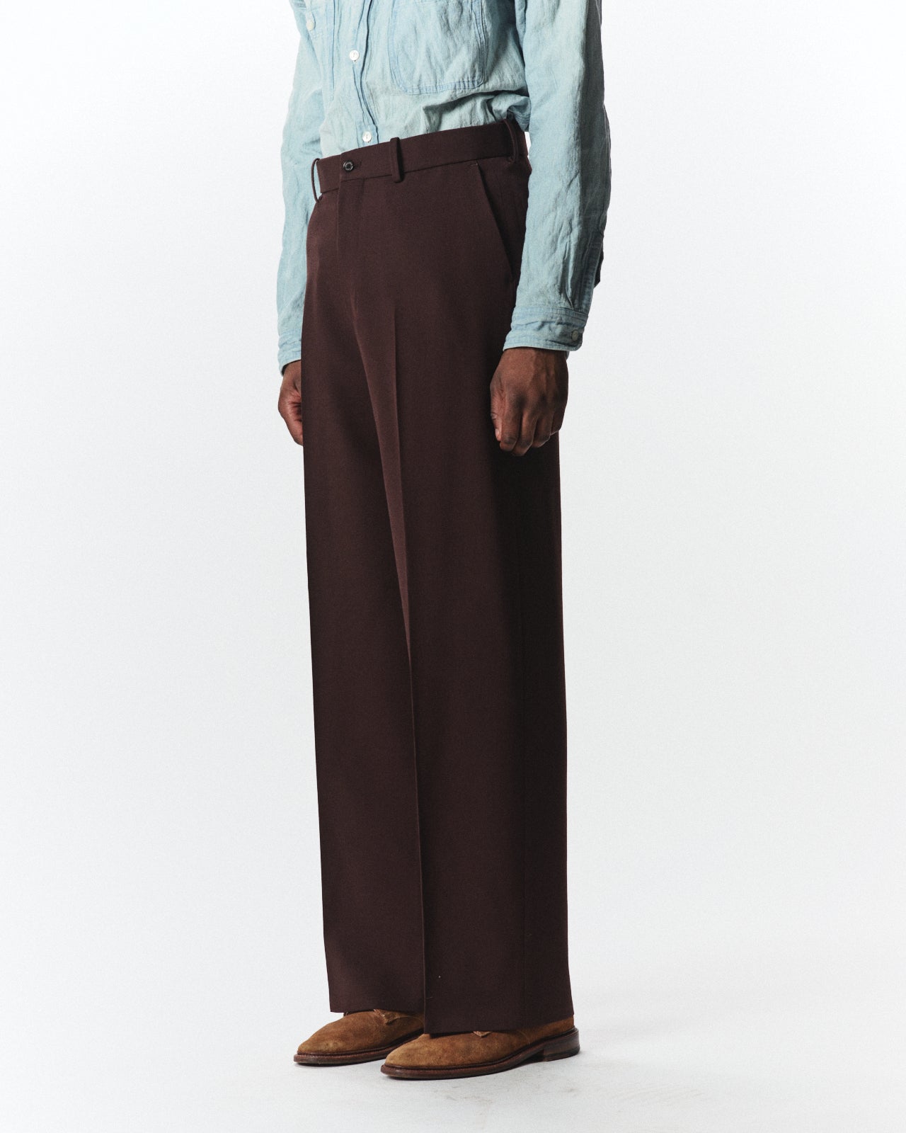 Organic Wool Survival Cloth / Flat Front Wide Trousers, Dark Brown