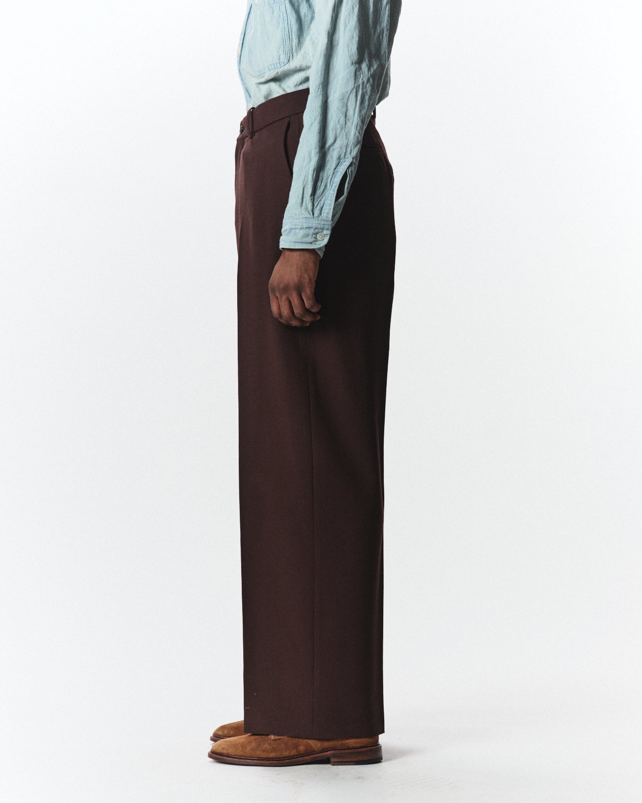 Organic Wool Survival Cloth / Flat Front Wide Trousers, Dark Brown