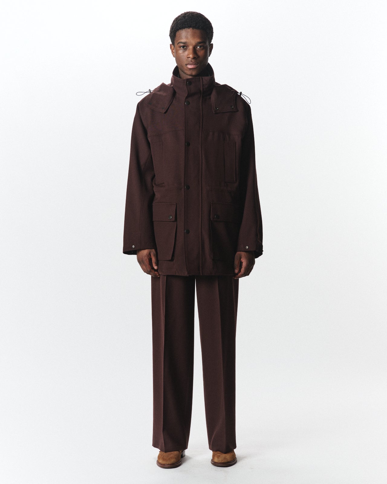 Organic Wool Survival Cloth / Flat Front Wide Trousers, Dark Brown