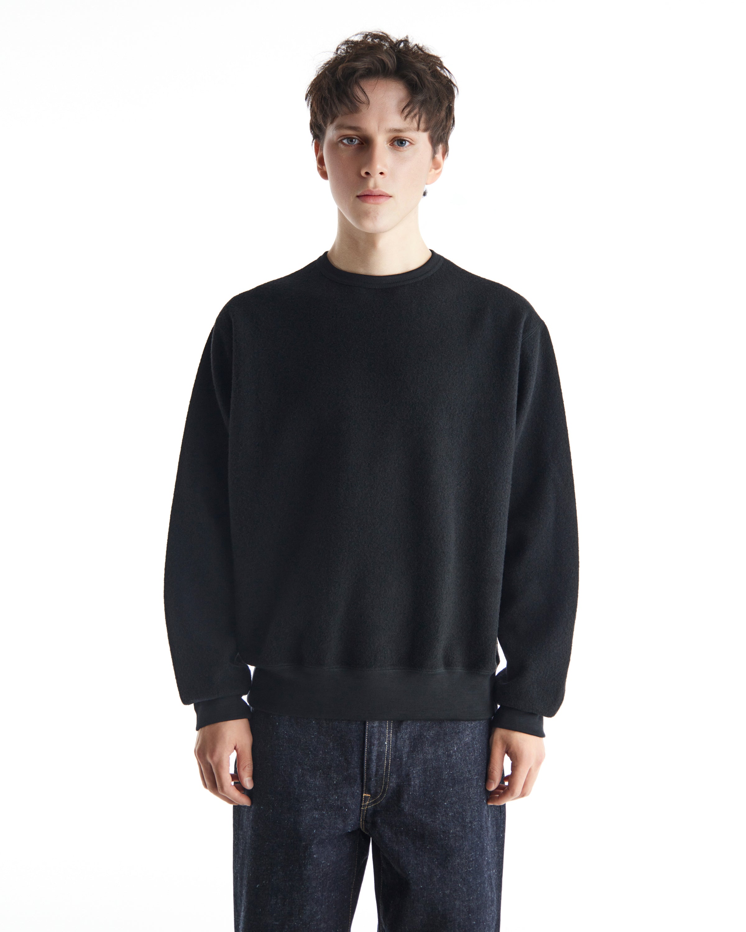 SUPER140'S WOOL FLEECE CREW NECK, Black