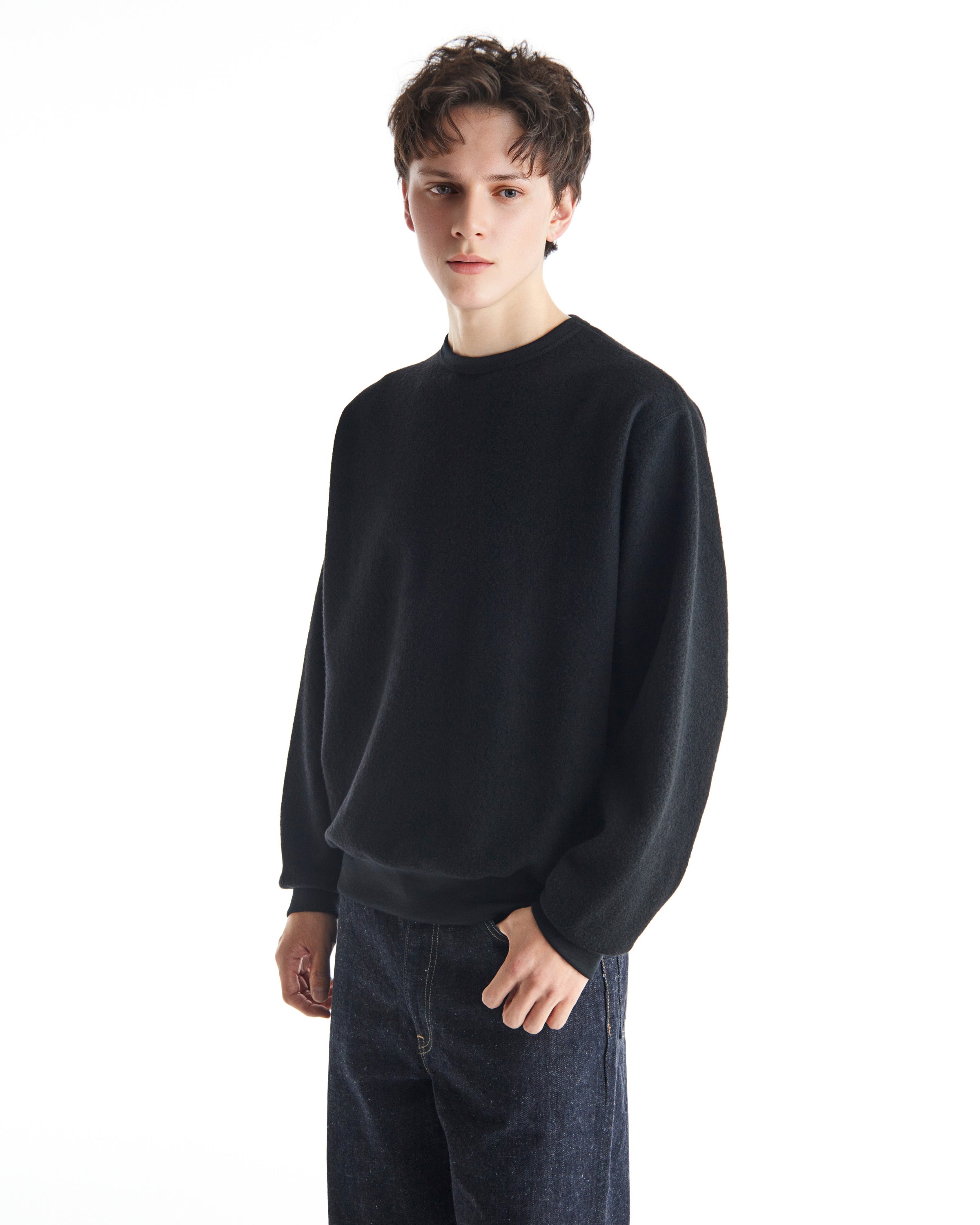 SUPER140'S WOOL FLEECE CREW NECK, Black