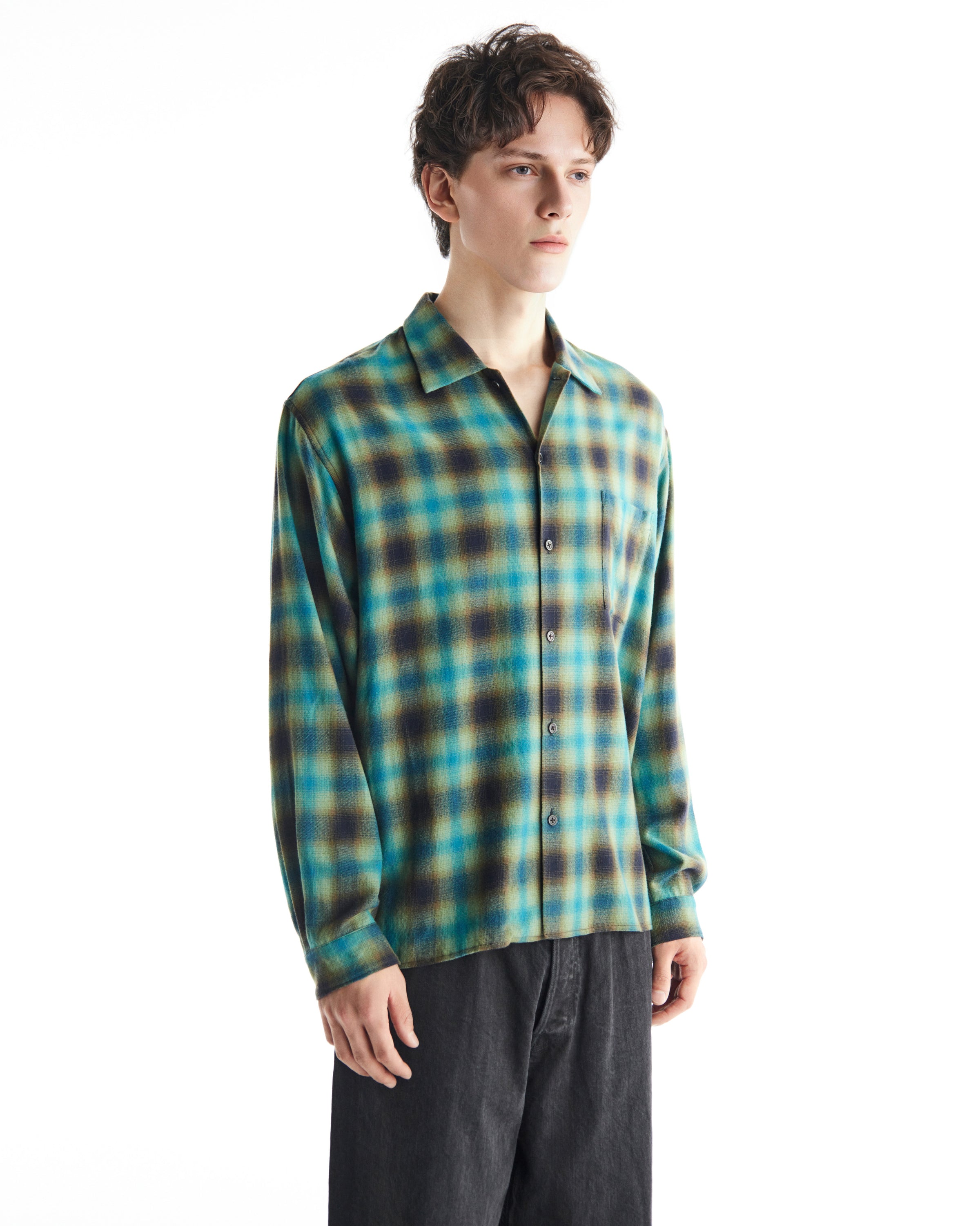 SUPER160's 2/96 WOOL VIYELLA OPEN COLLAR SHIRT, Blue Green Check