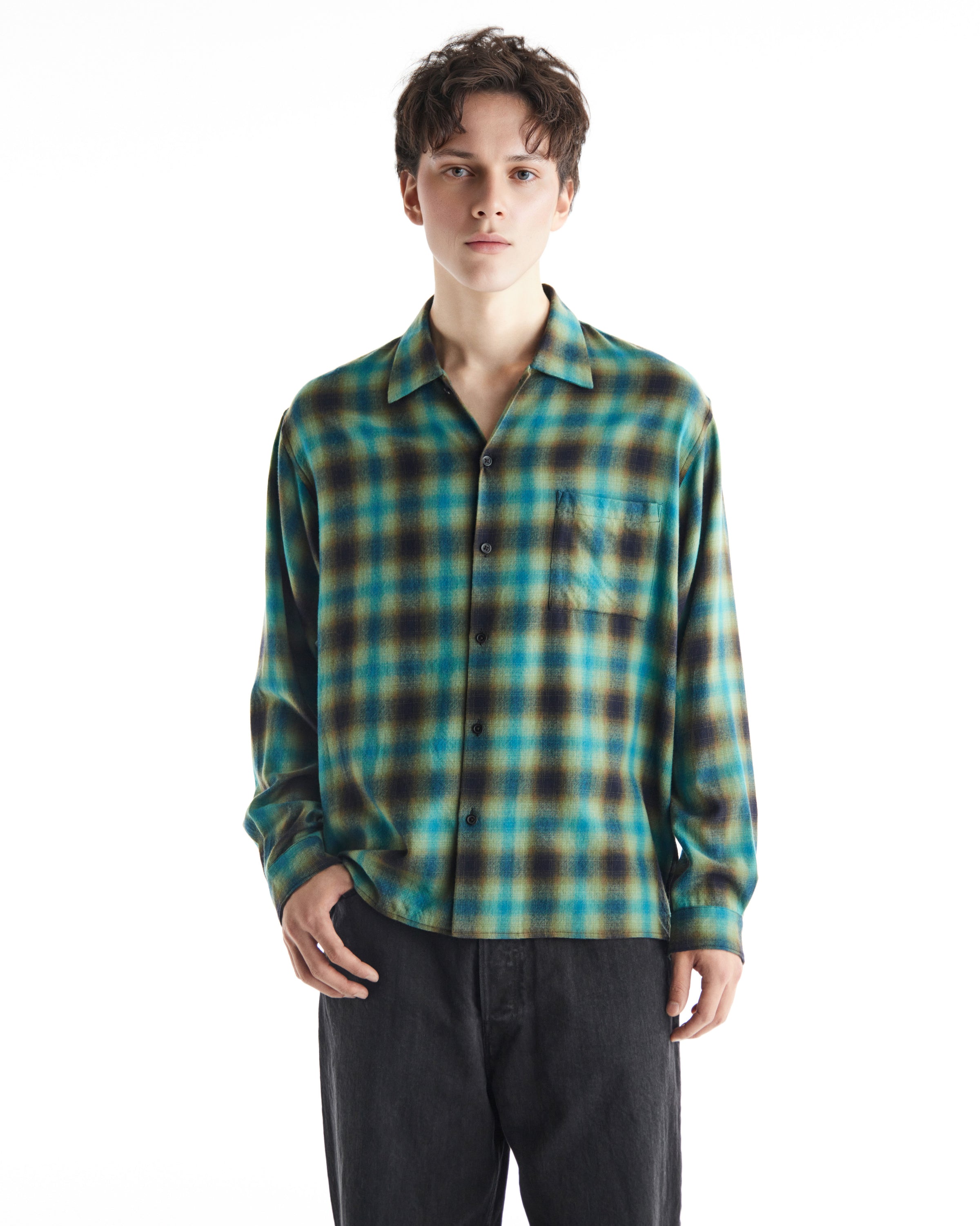 SUPER160's 2/96 WOOL VIYELLA OPEN COLLAR SHIRT, Blue Green Check