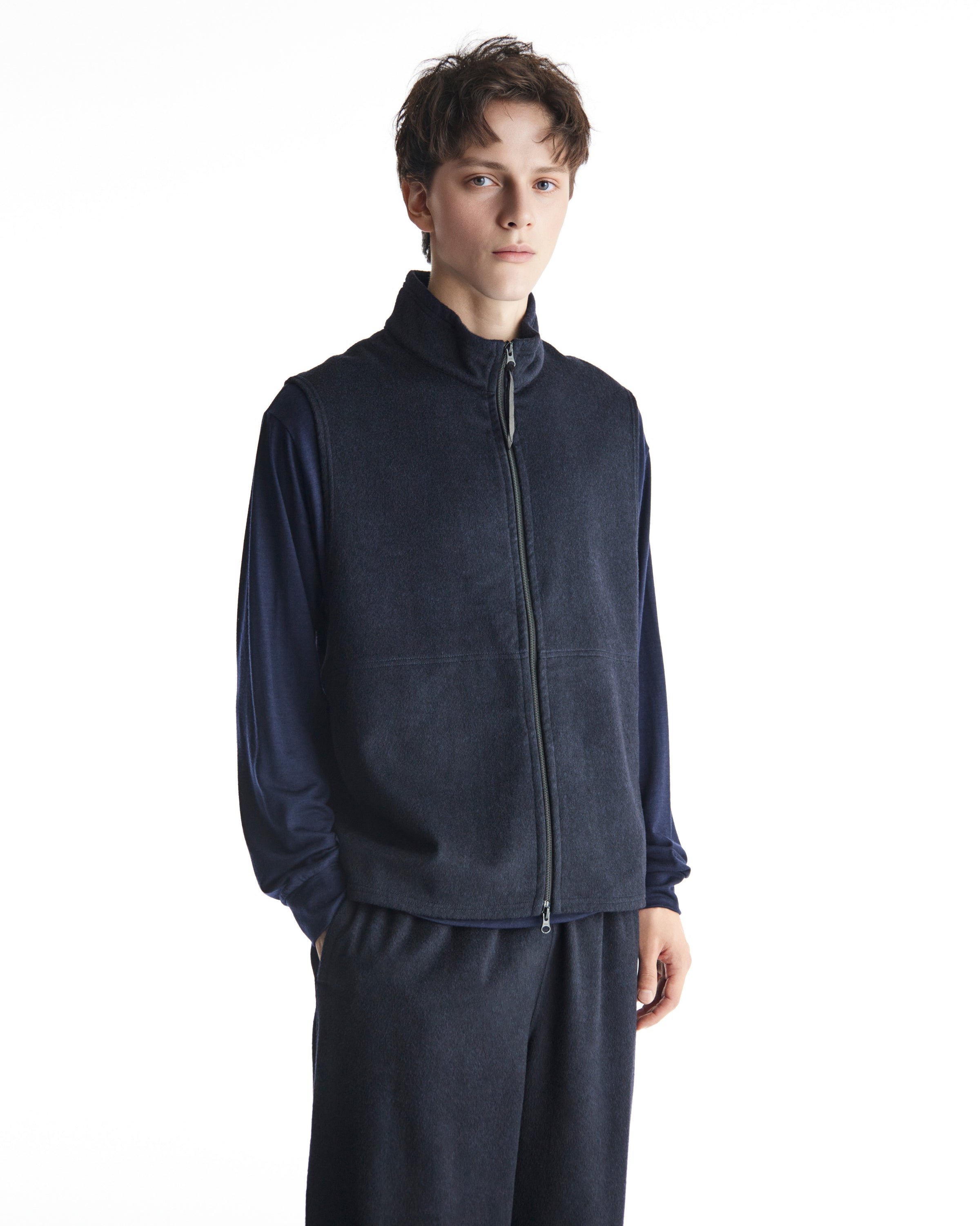 WOOL SILK BEAVER ZIP UP VEST, Dark Navy