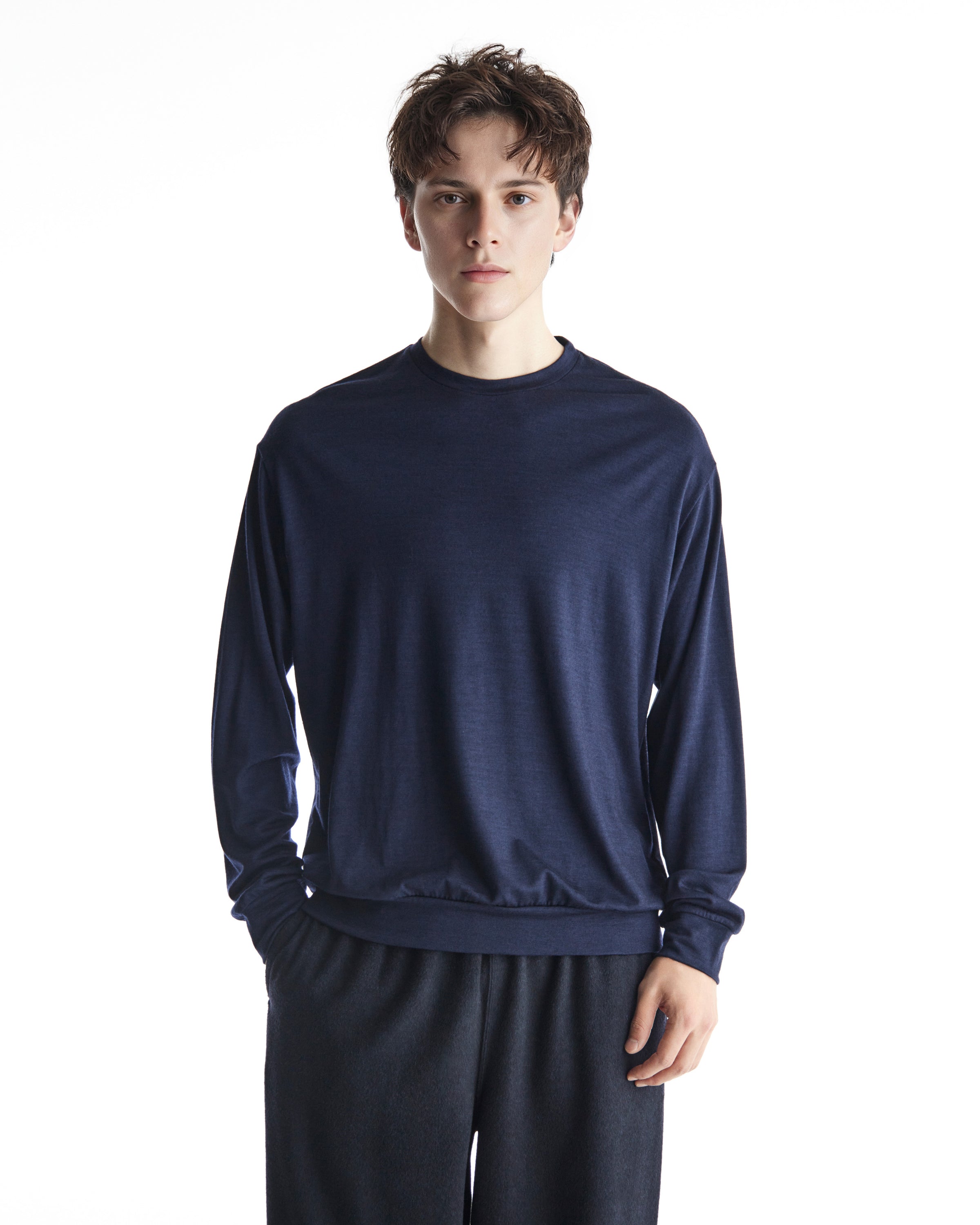 2/72 WOOL SINGLE JERSEY WASHABLE CREW NECK, Navy