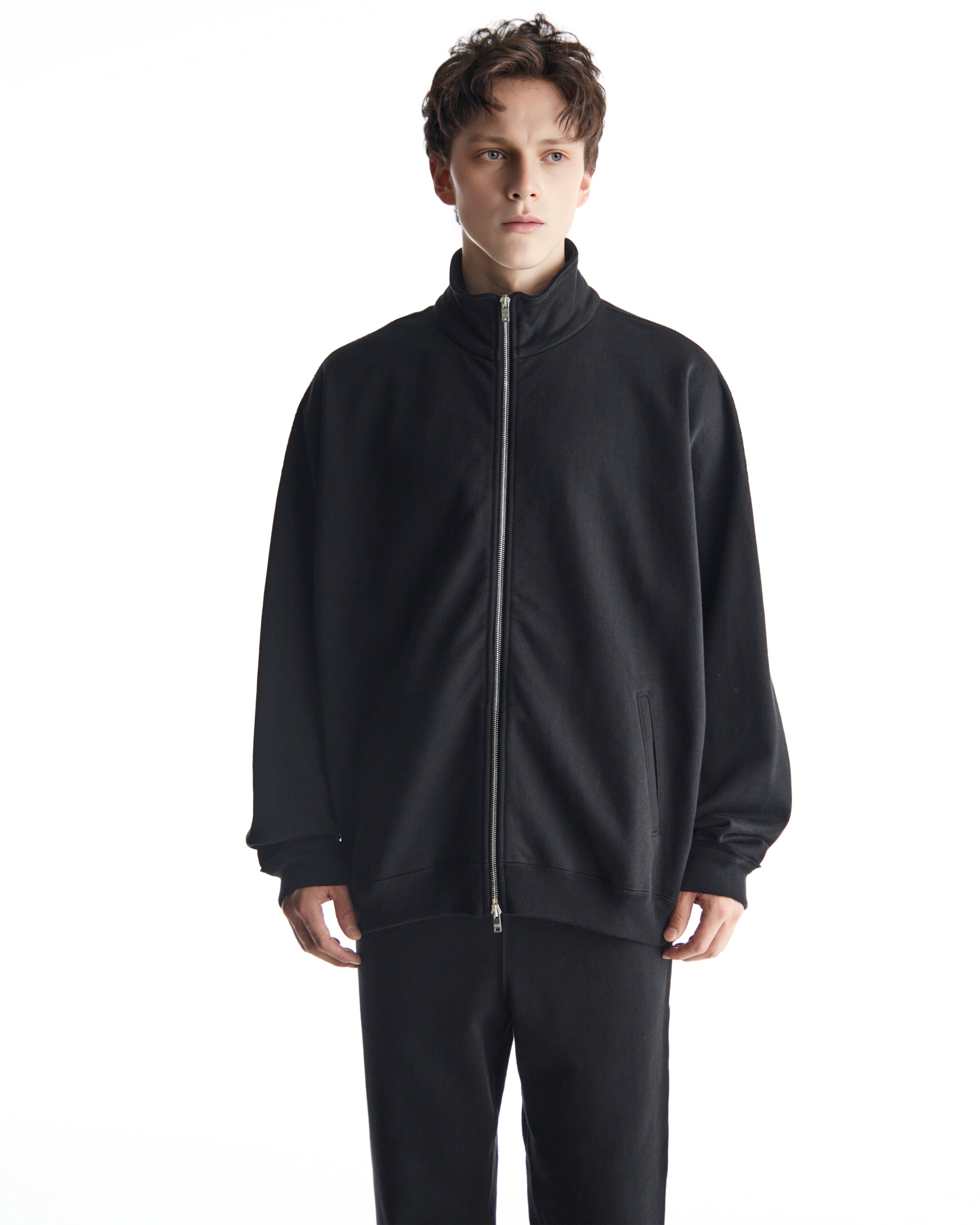 ORGANIC COTTON HEAVY FLEECE TRACK JACKET HUGE, Black