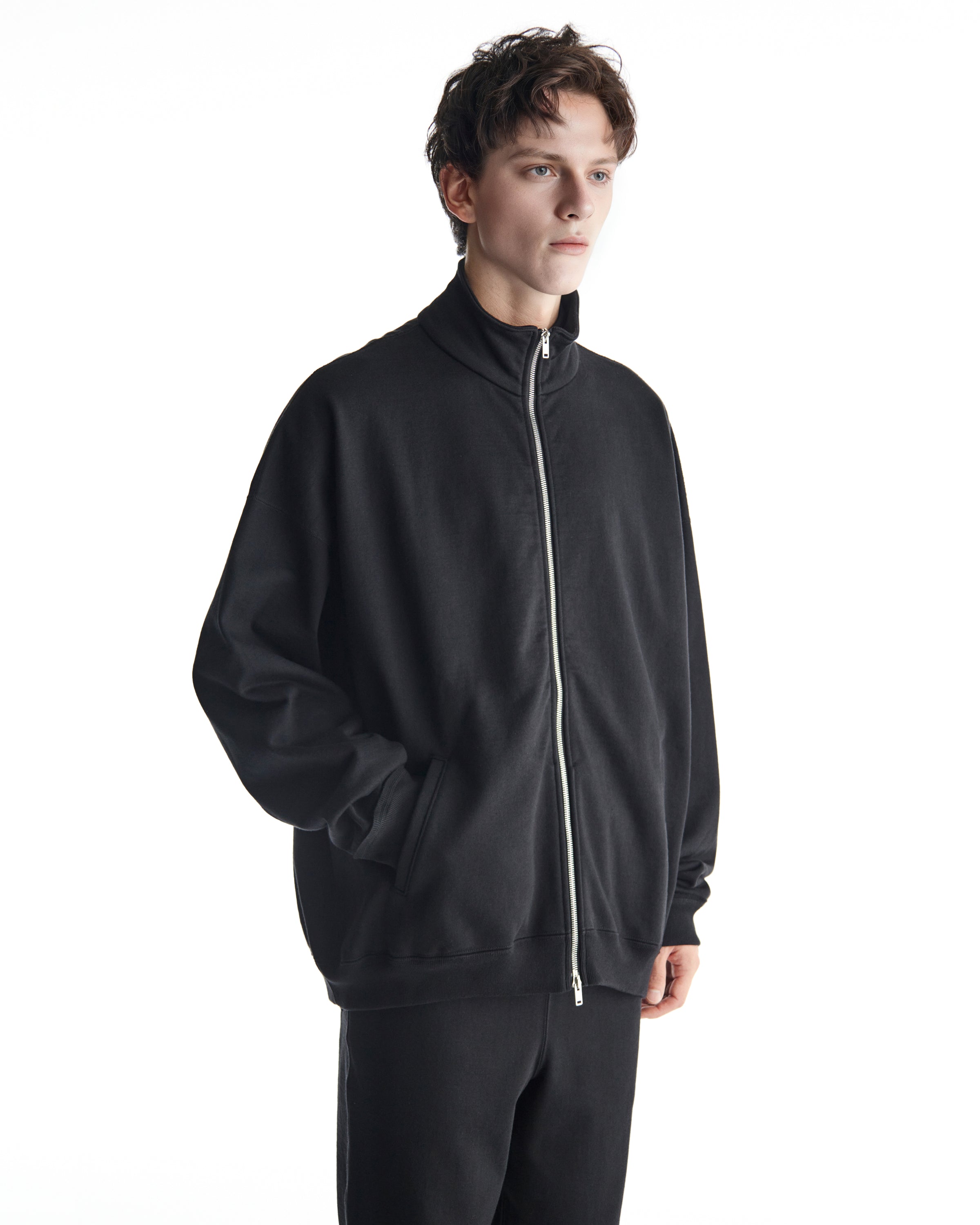 ORGANIC COTTON HEAVY FLEECE TRACK JACKET HUGE, Black