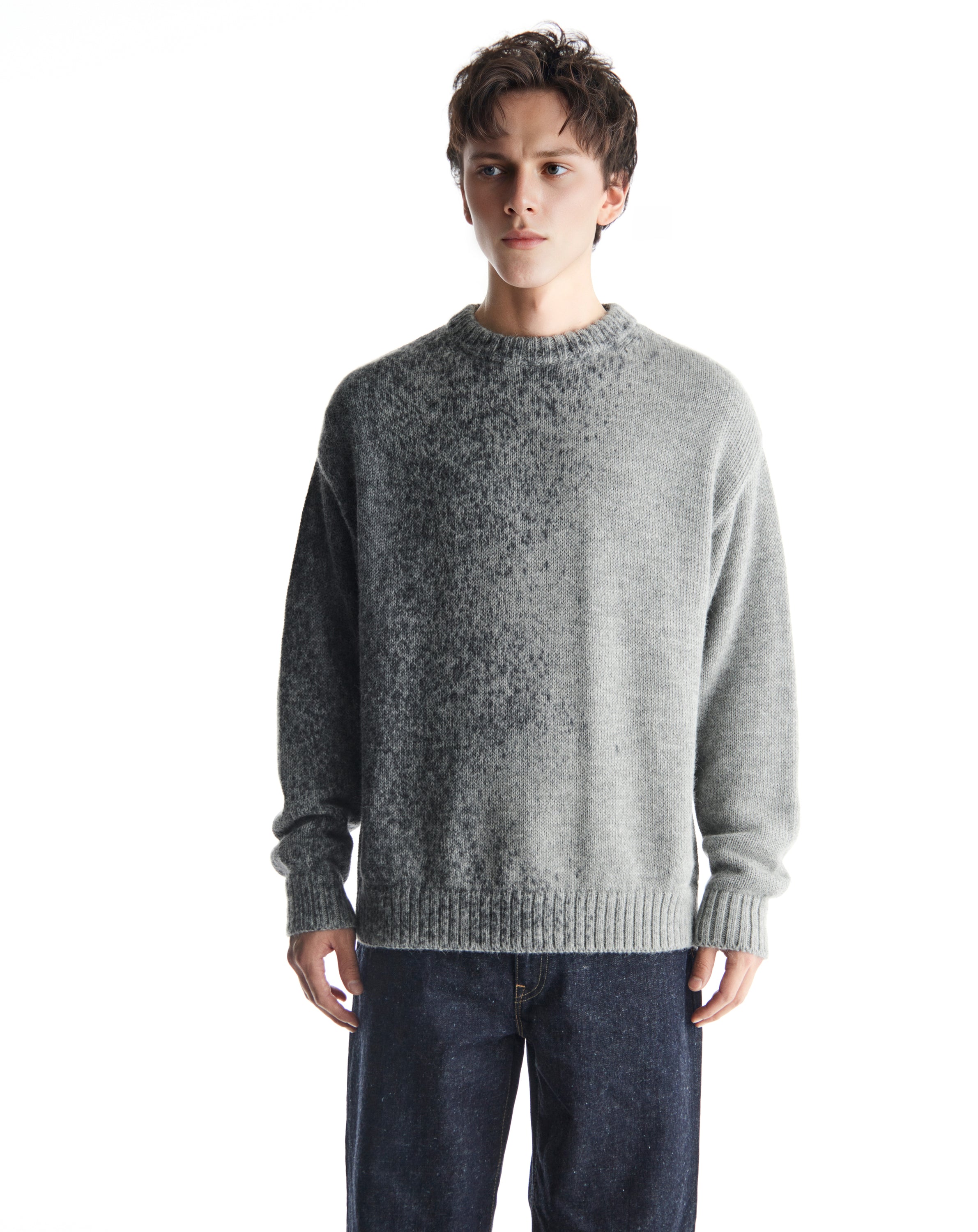 FINE ALPACA CREW NECK JUMPER "FOGGY DYEING",  Gray × Black