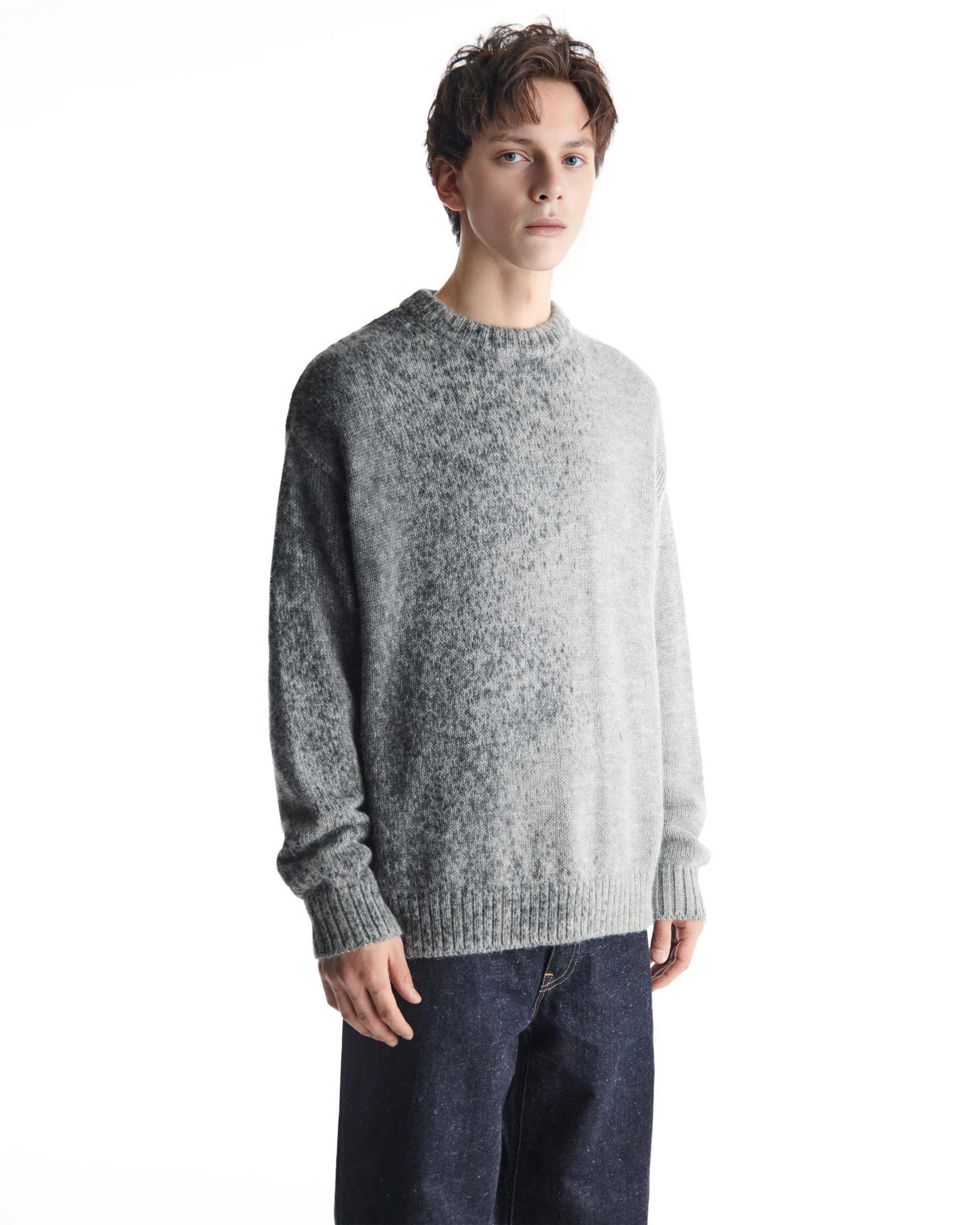 FINE ALPACA CREW NECK JUMPER "FOGGY DYEING",  Gray × Black