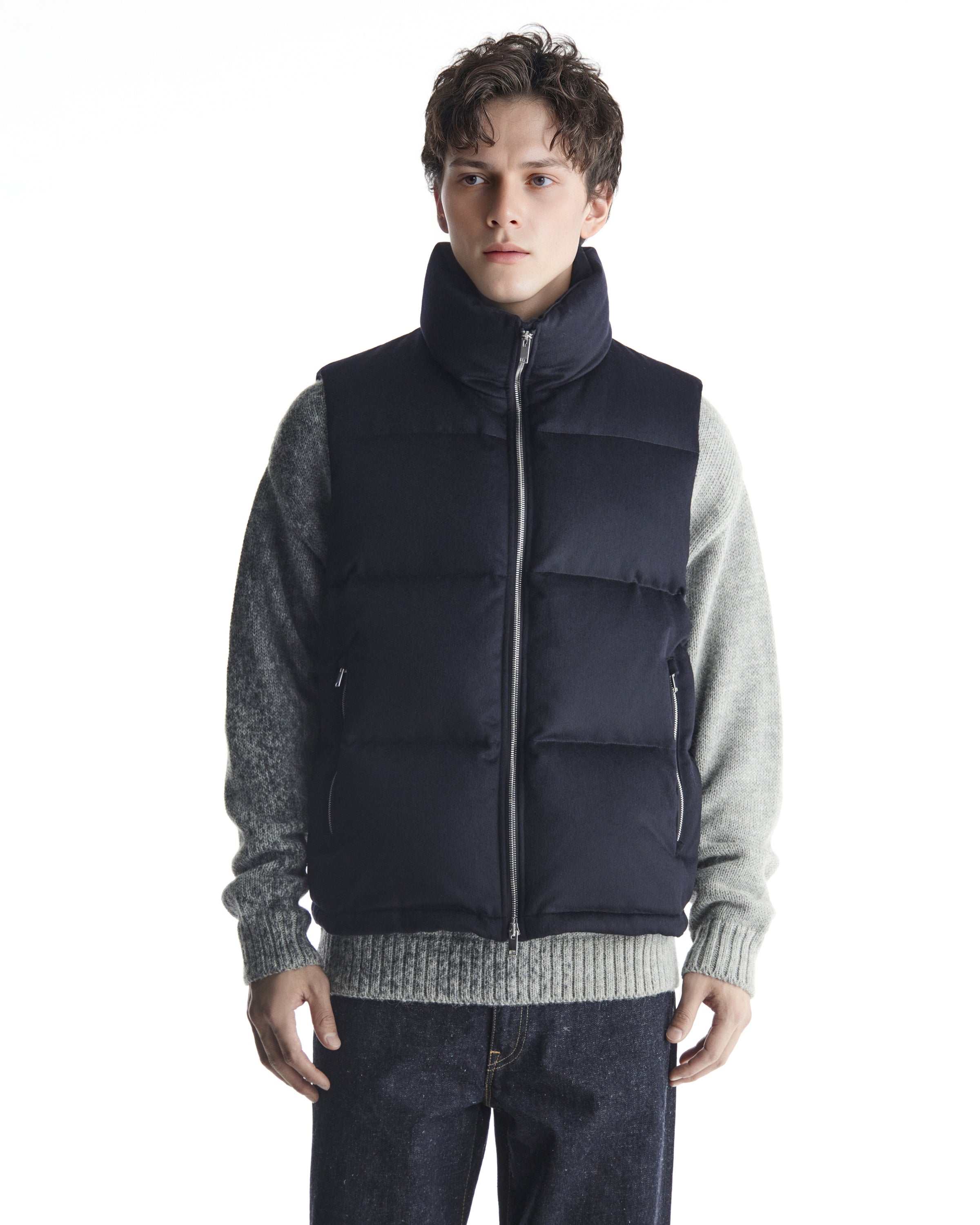 CASHMERE FLANNEL CASHMERE DOWN VEST, Dark Navy