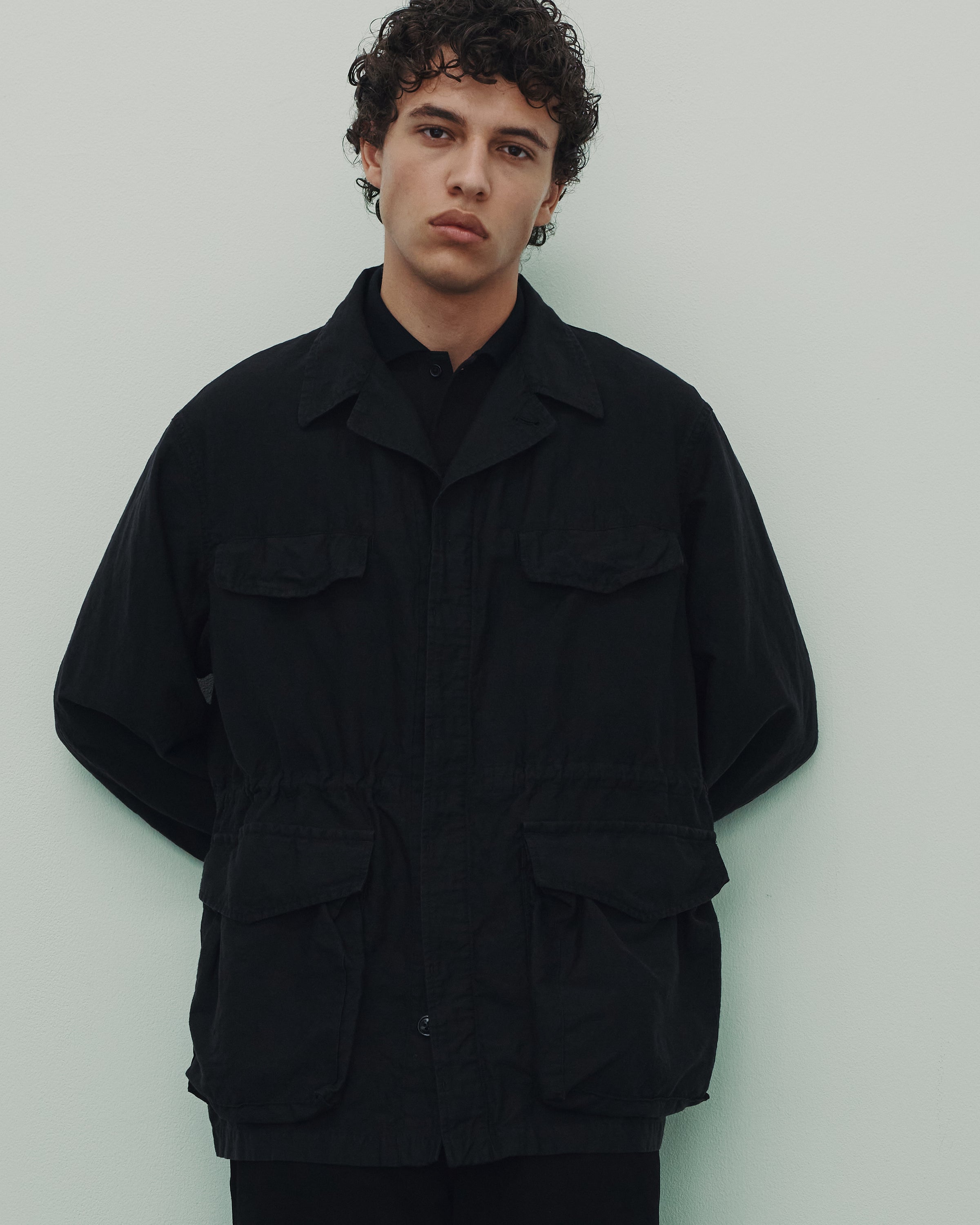 リネンオーガニックコットンシルクライトモールスキン / ミリタリージャケット, Black