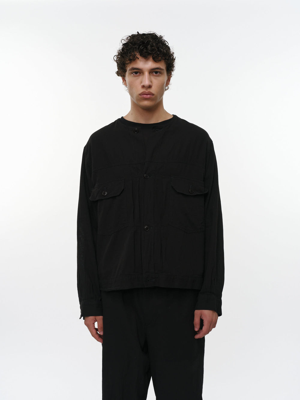 オーガニックコットン強撚ドビークロス / ノーカラートラッカージャケット, Black