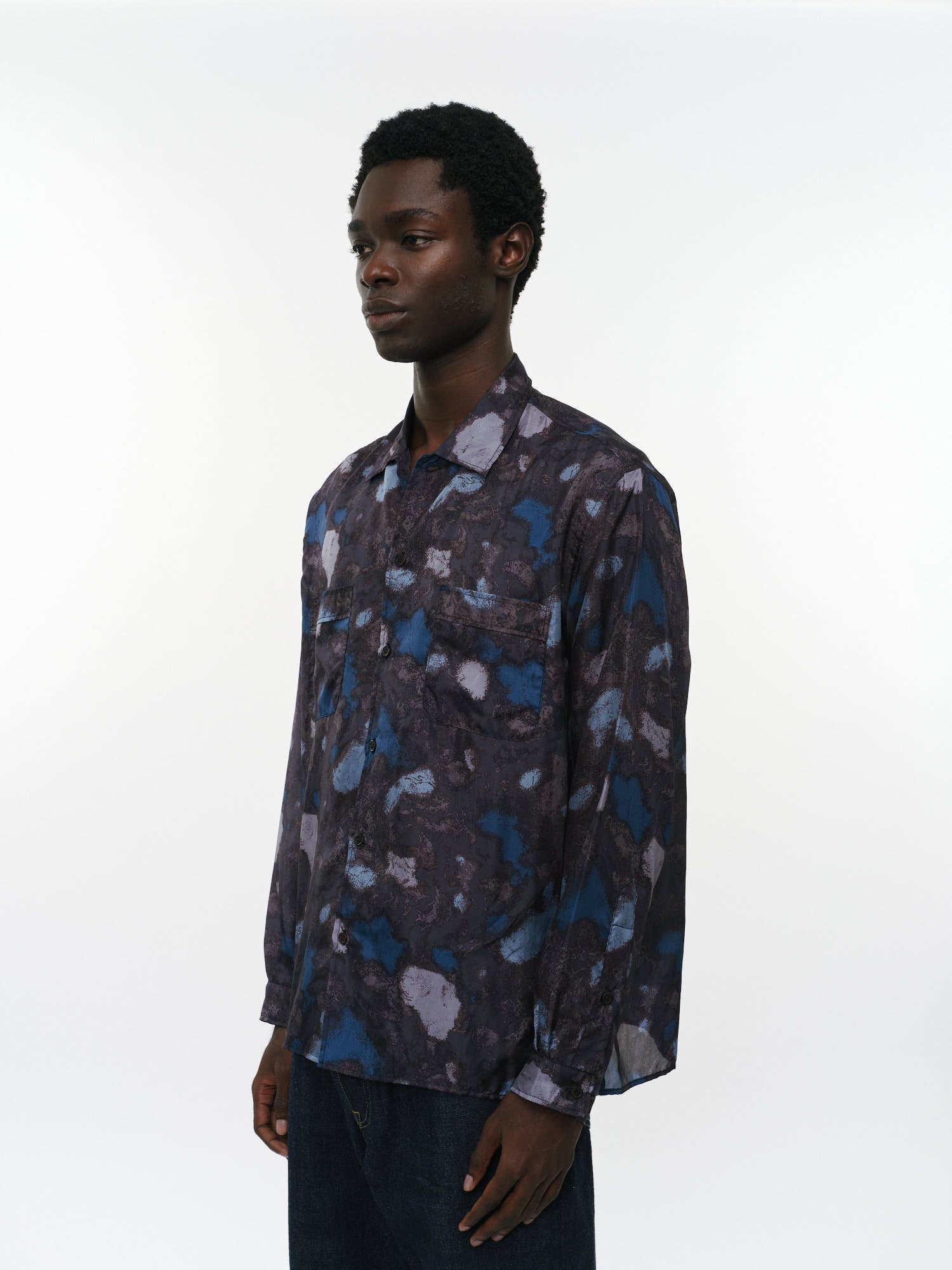 美品◎最高級◎Edward Crutchley シルクシャツ フルーツ柄 黒 8匁シルク羽二重 / シルクオープンカラーL/Sシャツ, Splashing Water
