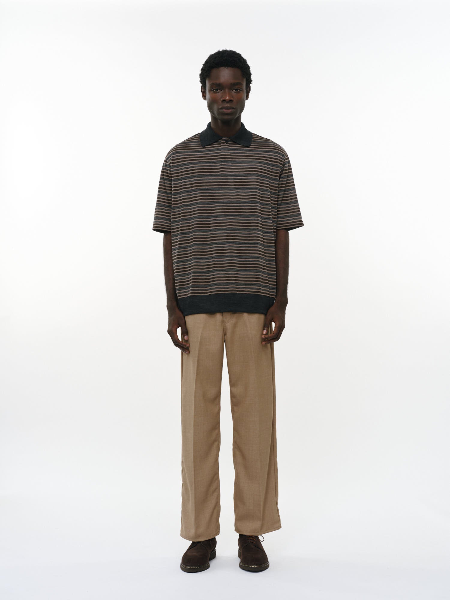 Super120sウォッシャブルウール天竺 / ワンボタンポロTeeS/S, Beige Border