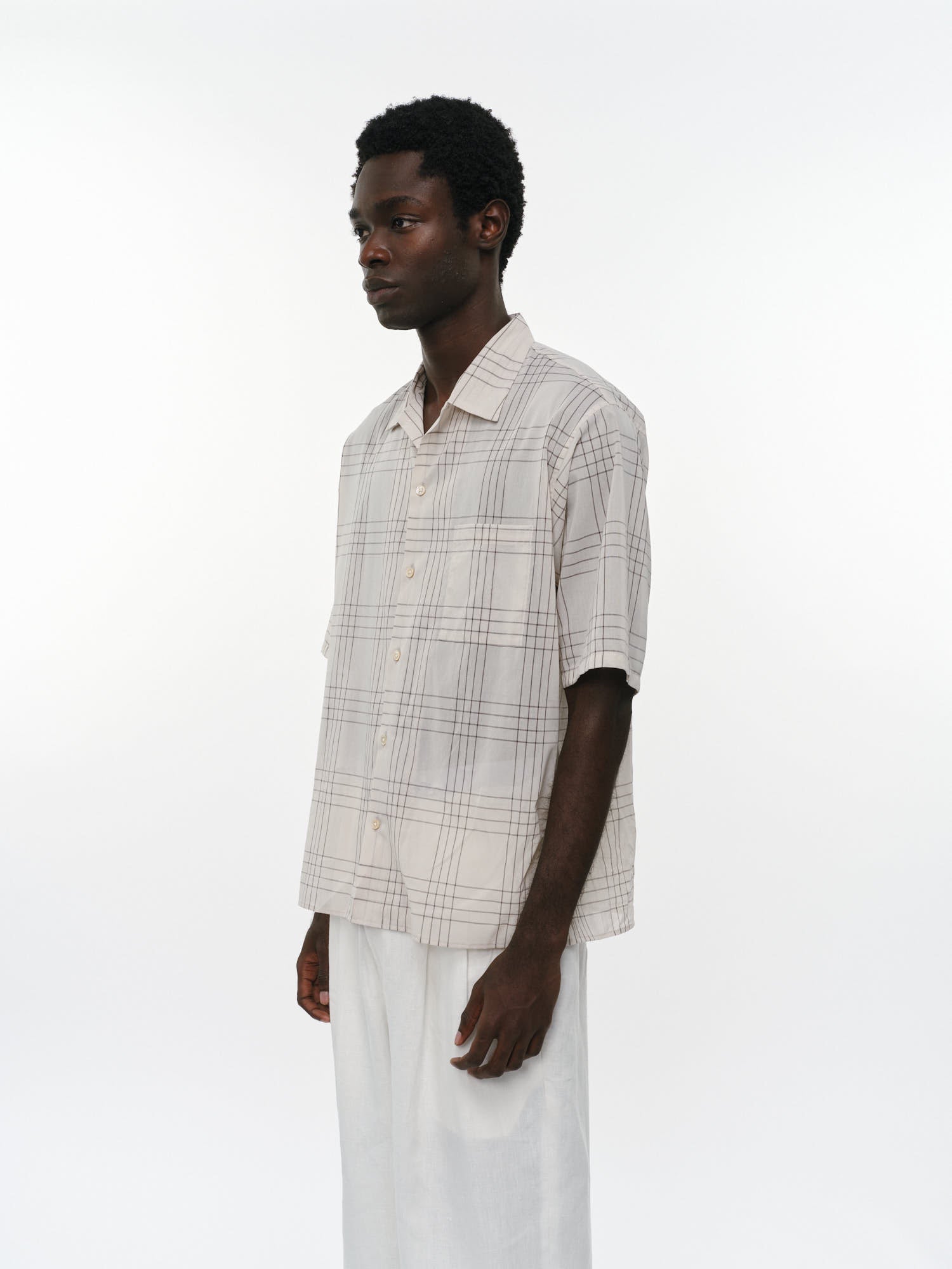 オーガニックコットン強撚チェックローン / オープンカラーS/Sシャツ, Ivory Check