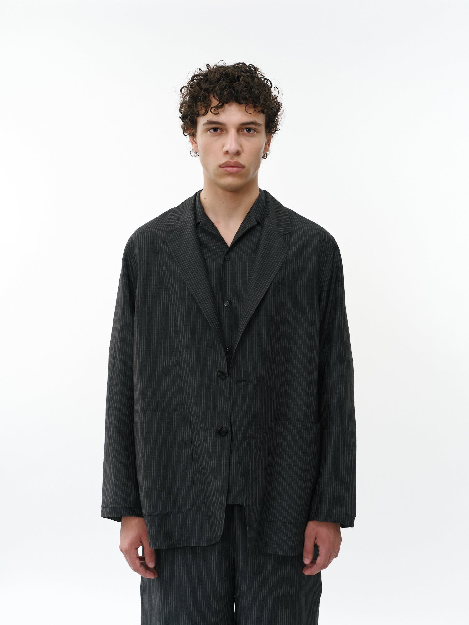 ウールシルクフェザークロス / ストロールアラウンドジャケット, Top Charcoal Stripe