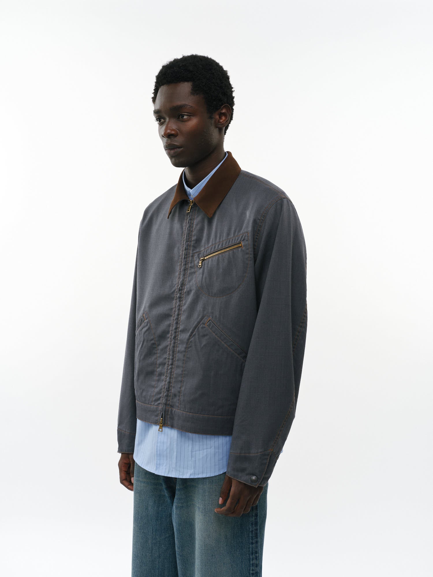 ウォッシャブルウールギャバ顔料プリント / ワークジャケット, Blue Gray