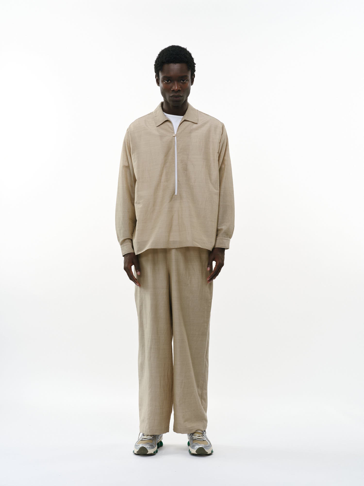 ウールシルクフェザークロス / スキッパーシャツ, Top Beige