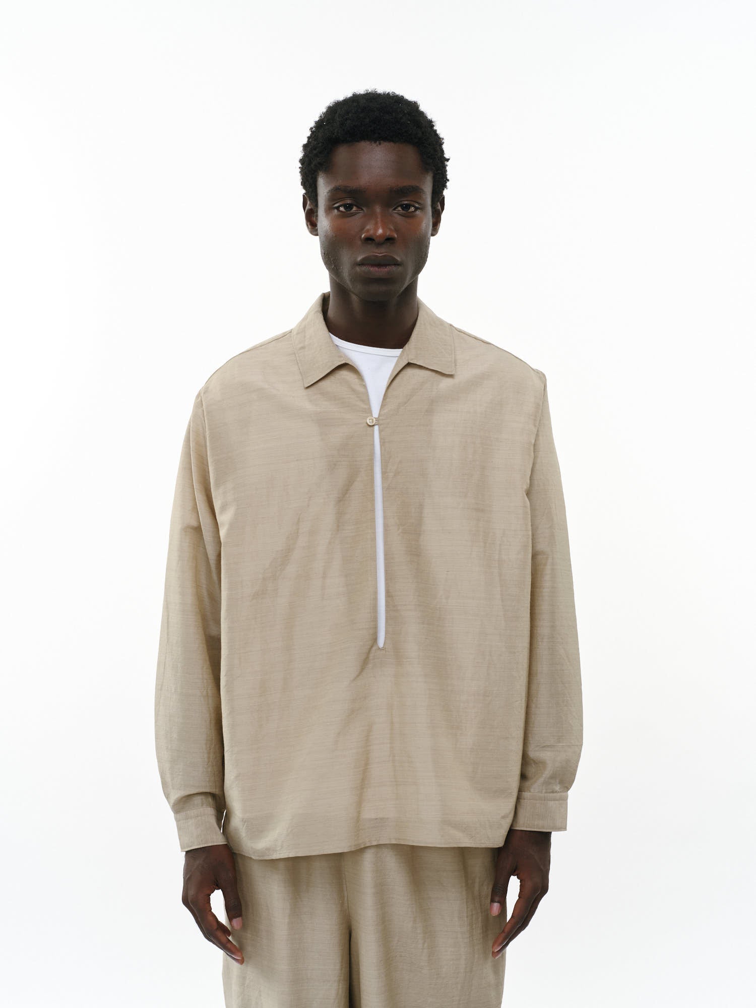 ウールシルクフェザークロス / スキッパーシャツ, Top Beige