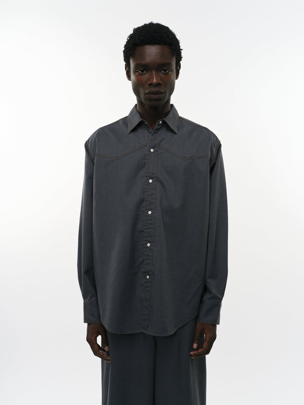 ウォッシャブルウールギャバ顔料プリント / ウエスタンシャツ, Blue Gray