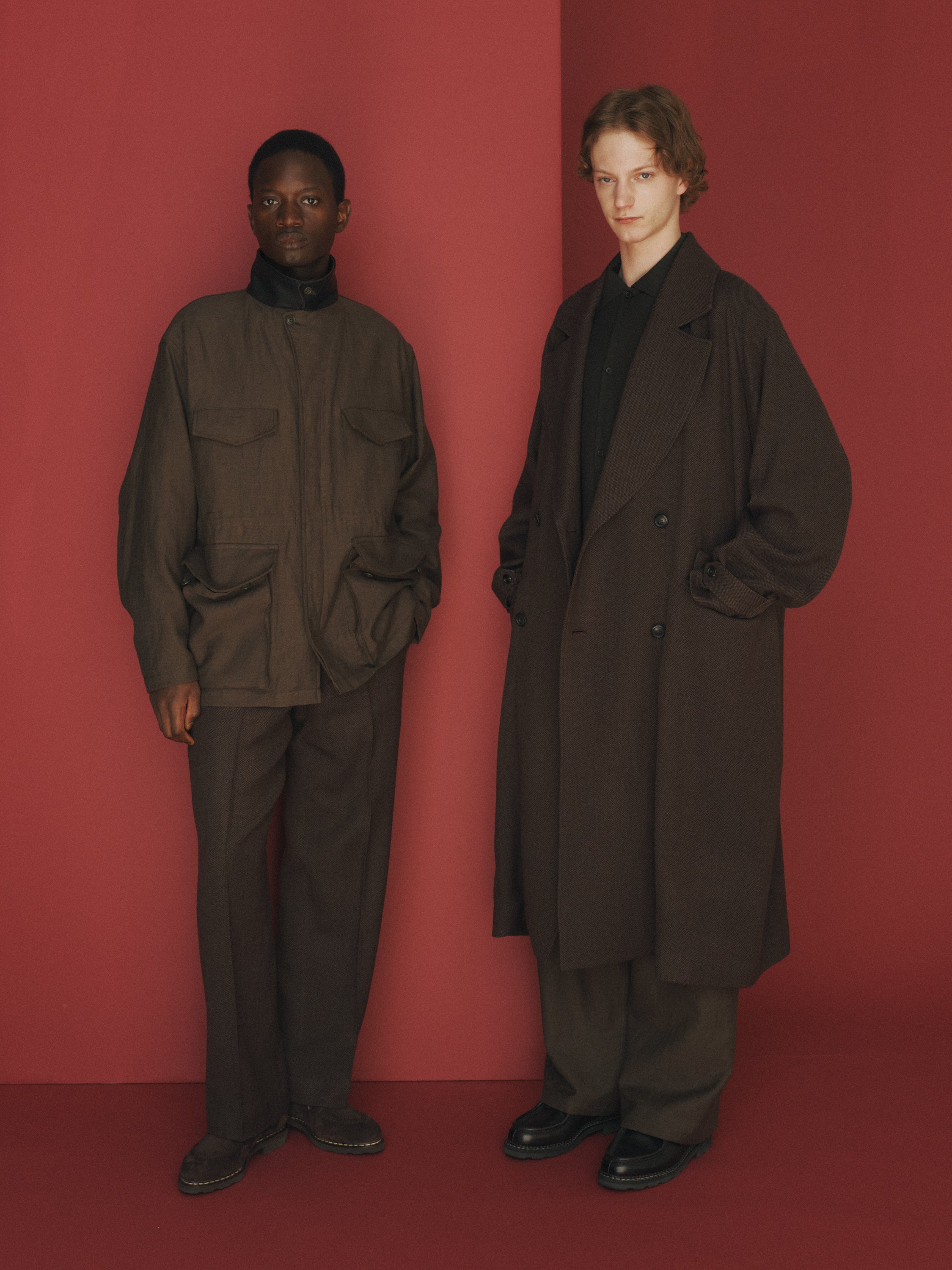 Tumbled Wool Serge Great Coat, Brown Bird’s-Eye