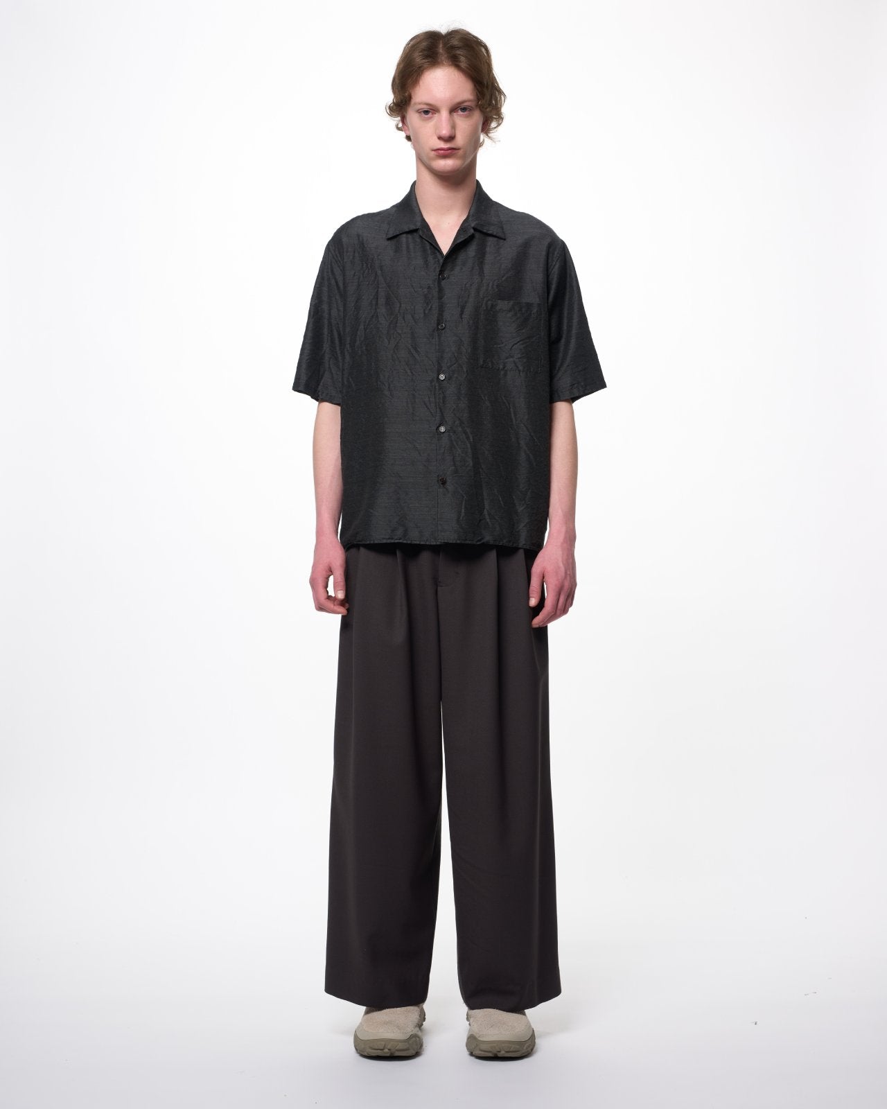 シルクウールフェザーツイル / オープンカラーS/S Shirt, Gray