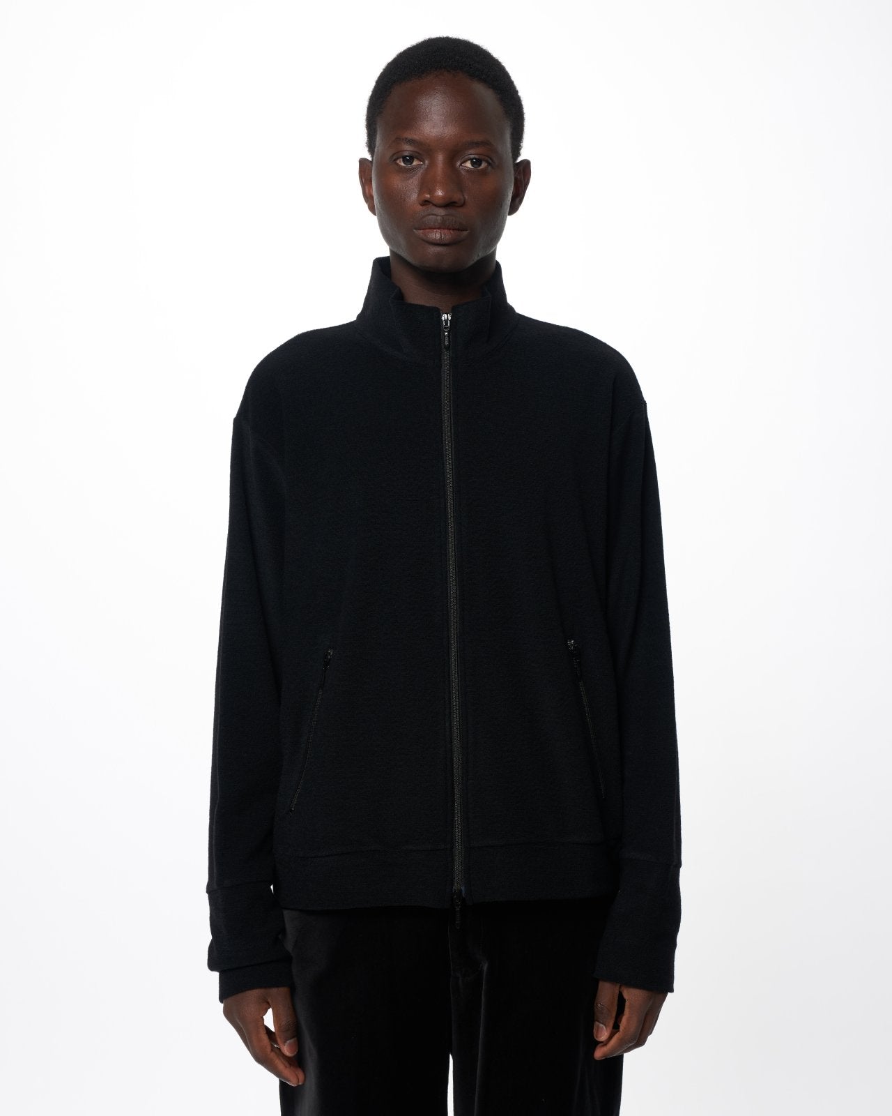 Super 140s Washable Wool Pile Knit / Track Jacket, Black