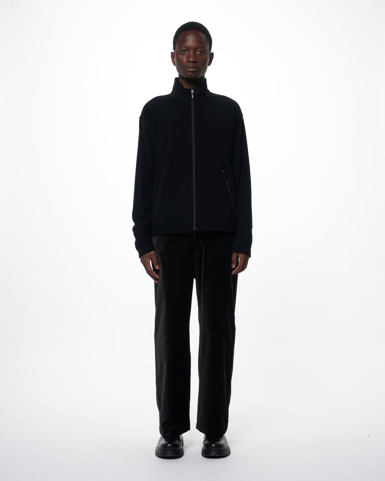 Super 140s Washable Wool Pile Knit / Track Jacket, Black