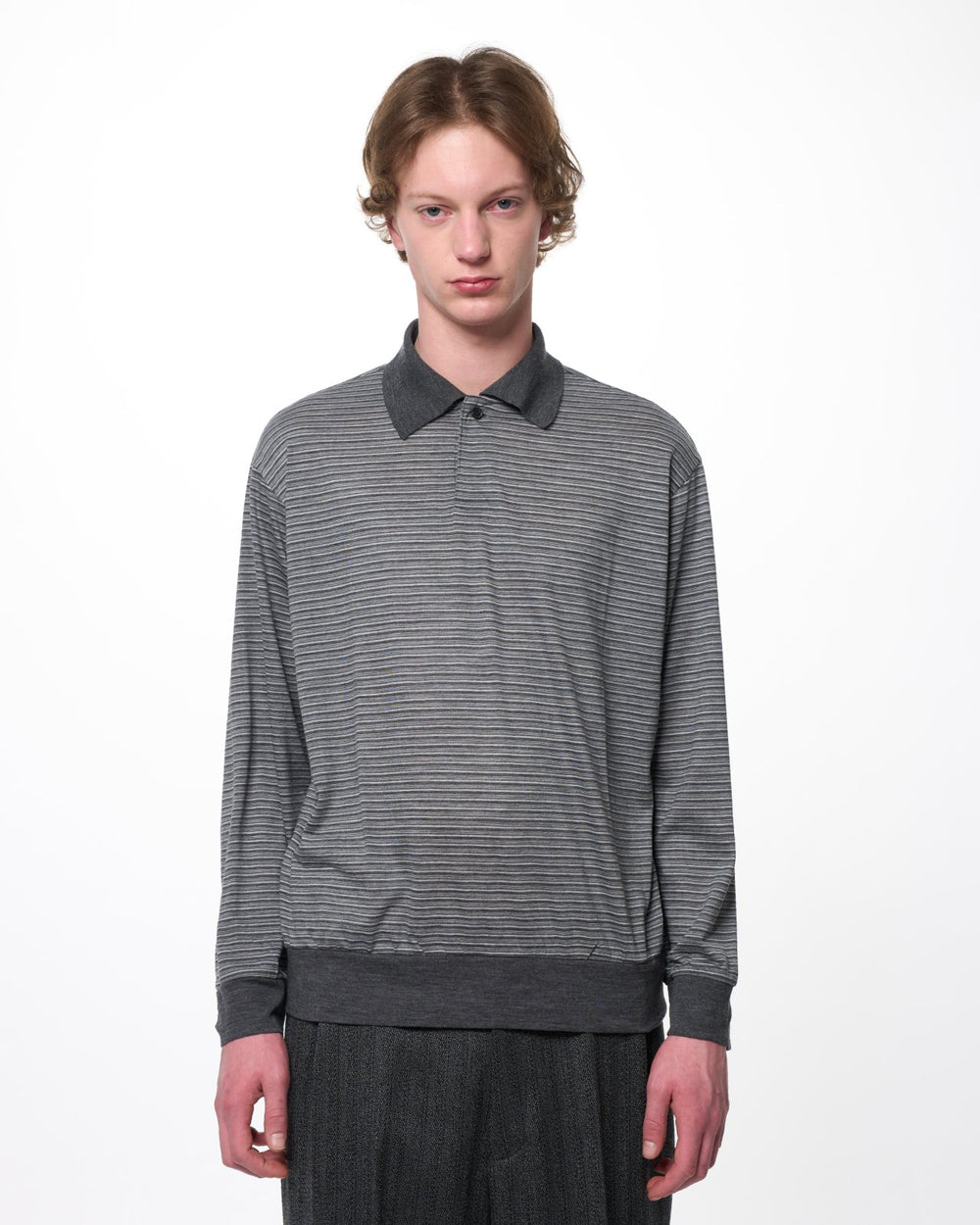 Super 120s ウォッシャブルウール天竺 / ワンボタンL/Sポロ, Gray Border
