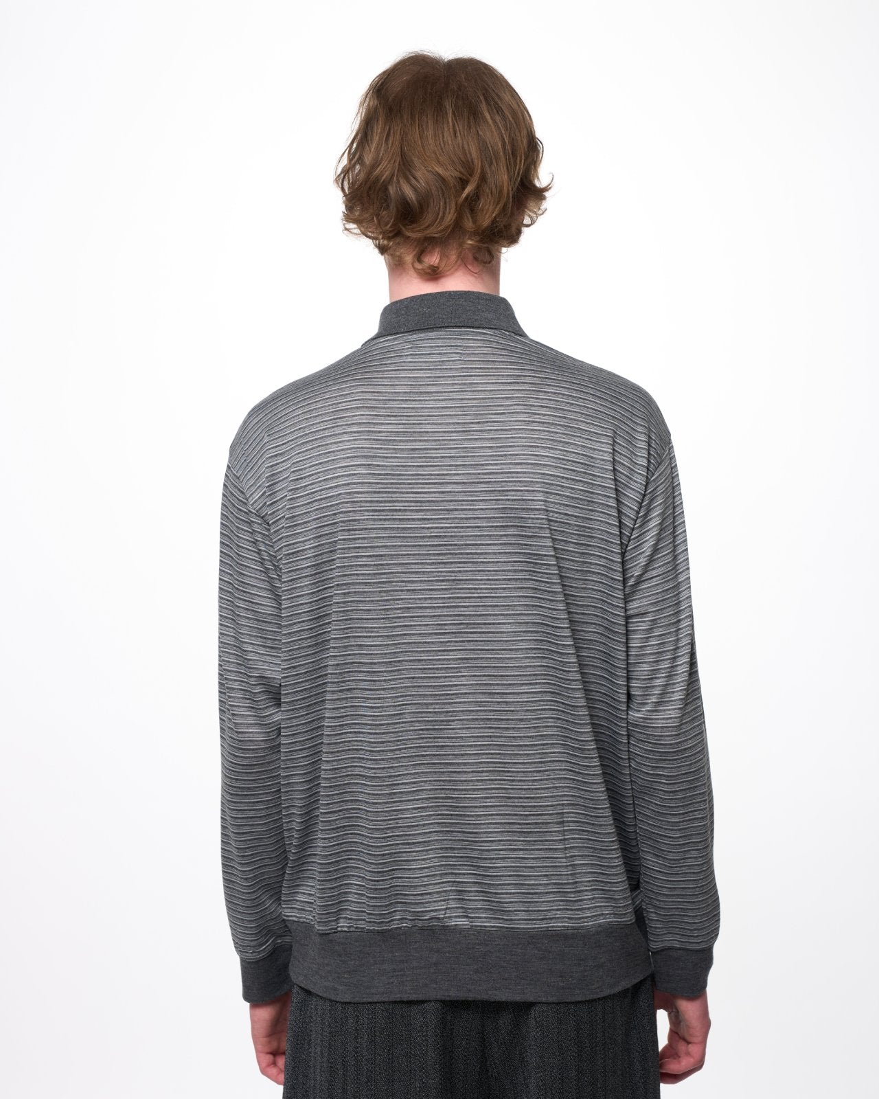 Super 120s Washable Wool Jersey / One Button L/S Polo, Gray Border