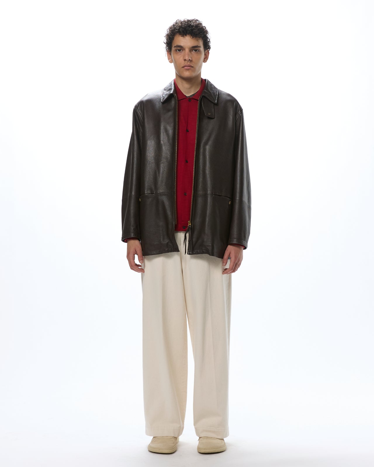 ぺブルシープスキン / レザージップカーコート, Brown