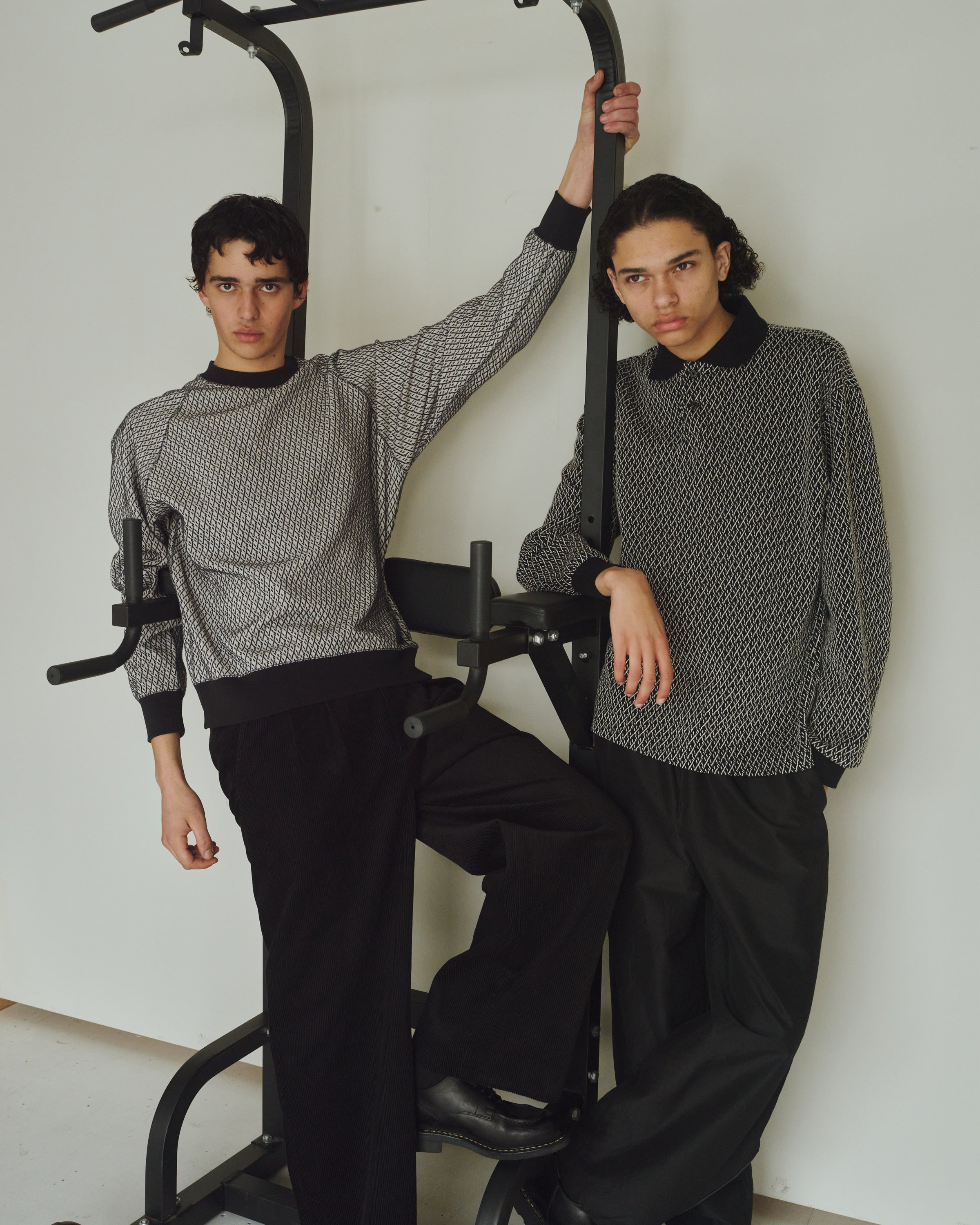 Organic Cotton Geometric Jacquard Two Button Polo L/S Tee, Black × Ivory