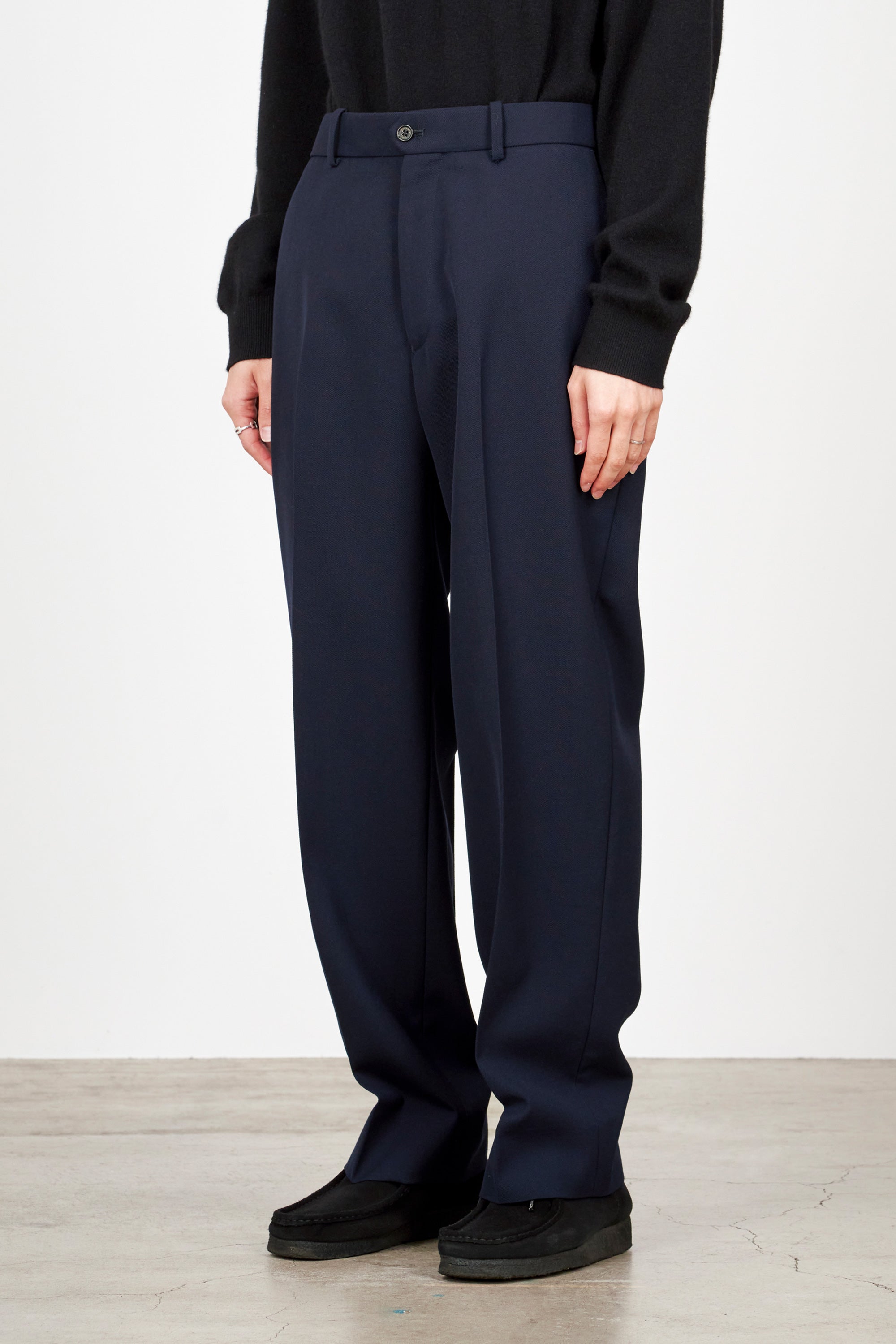 ORGANIC WOOL SURVIVAL CLOTH FLAT FRONT TROUSERS, Navy