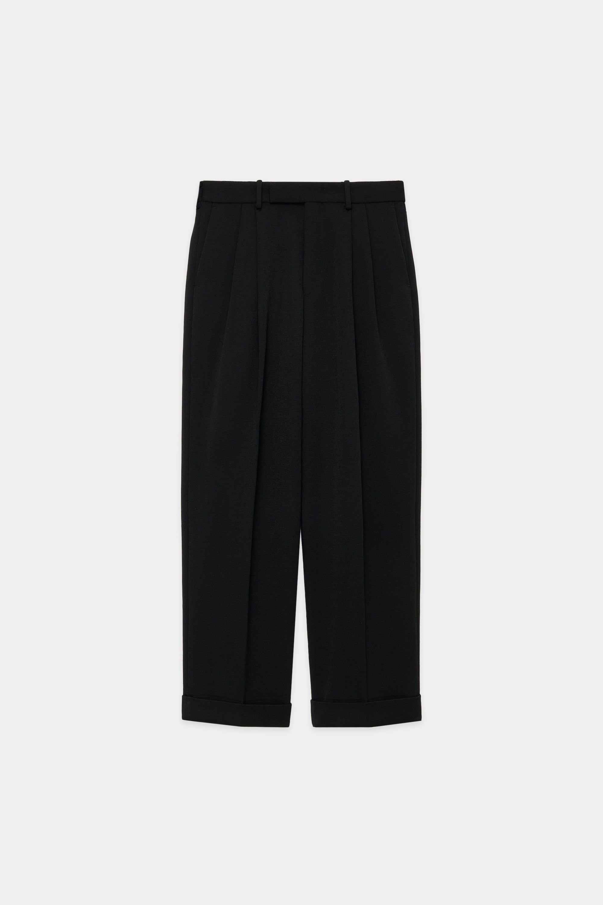 ORGANIC WOOL TAXEED CLOTH DOUBLE PLEATED CLASSIC WIDE TROUSERS, Black
