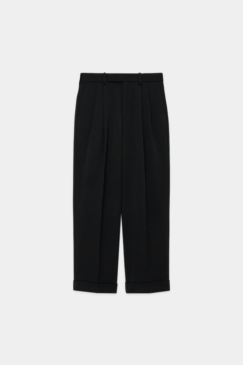 ORGANIC WOOL TAXEED CLOTH DOUBLE PLEATED CLASSIC WIDE TROUSERS, Black