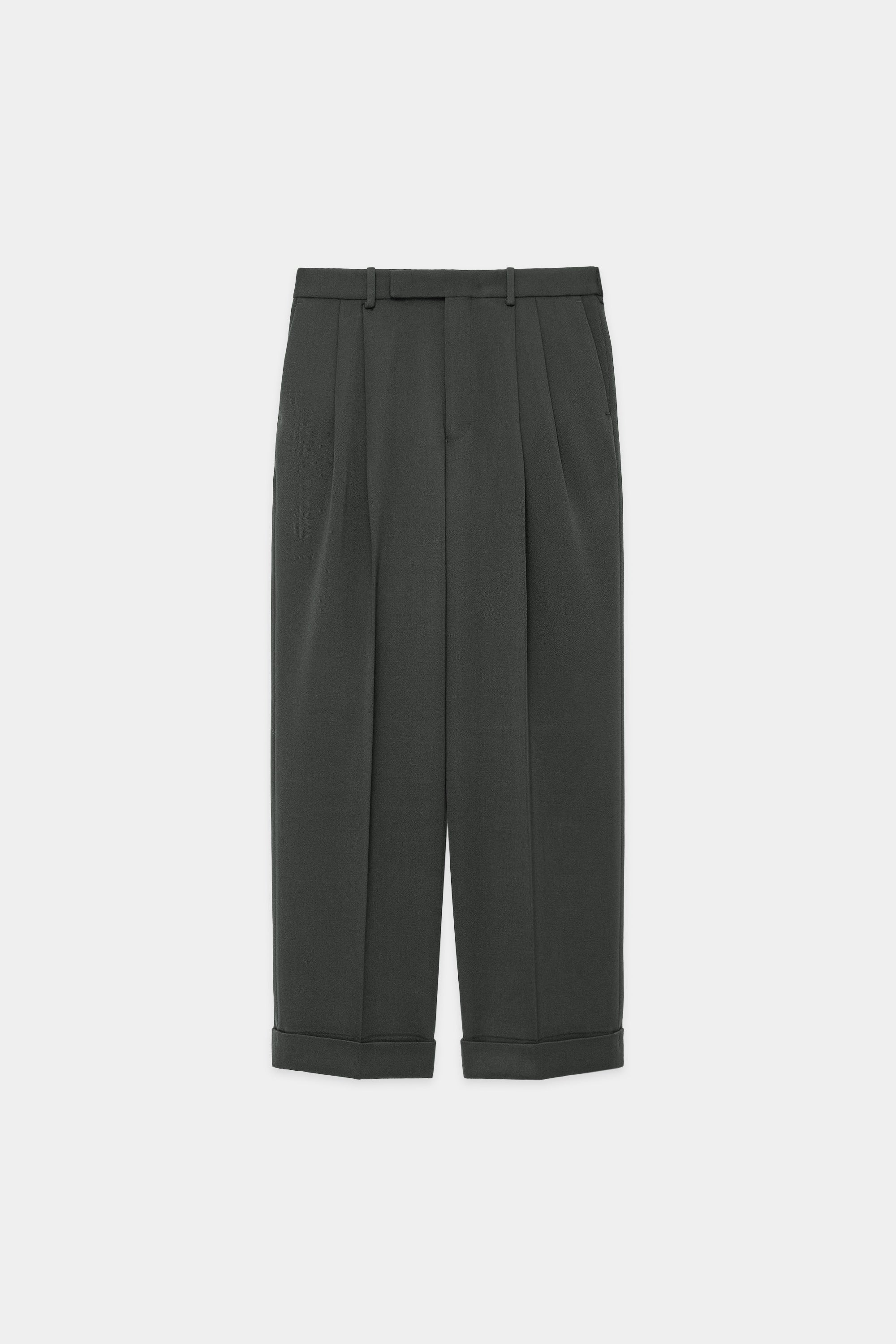 ORGANIC WOOL TAXEED CLOTH DOUBLE PLEATED CLASSIC WIDE TROUSERS, Blue Gray