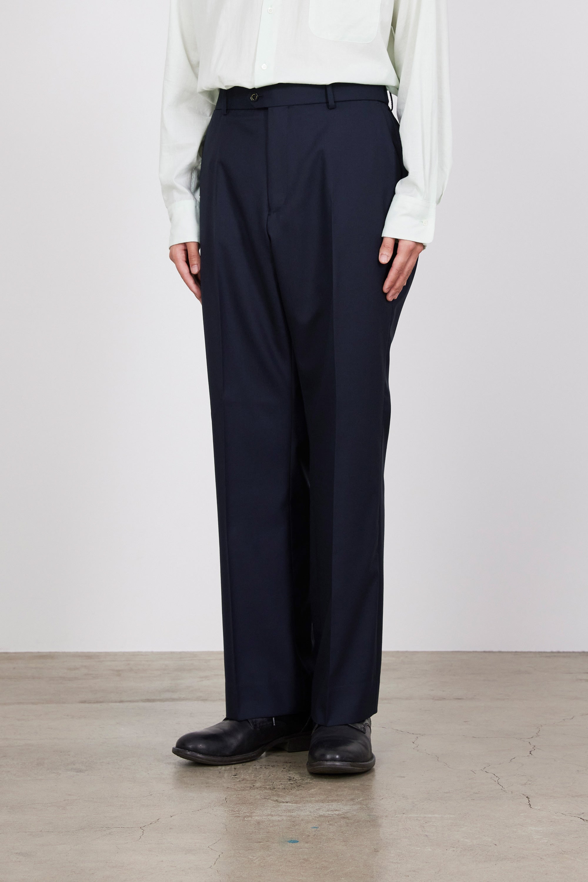 ORGANIC WOOL TROPICAL FLAT FRONT FLAIR TROUSERS, Navy