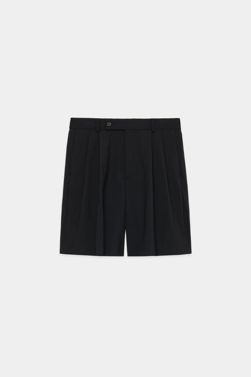 ORGANIC WOOL 2/80 TROPICAL DOUBLE PLEATED CLASSIC WIDE SHORTS, Black