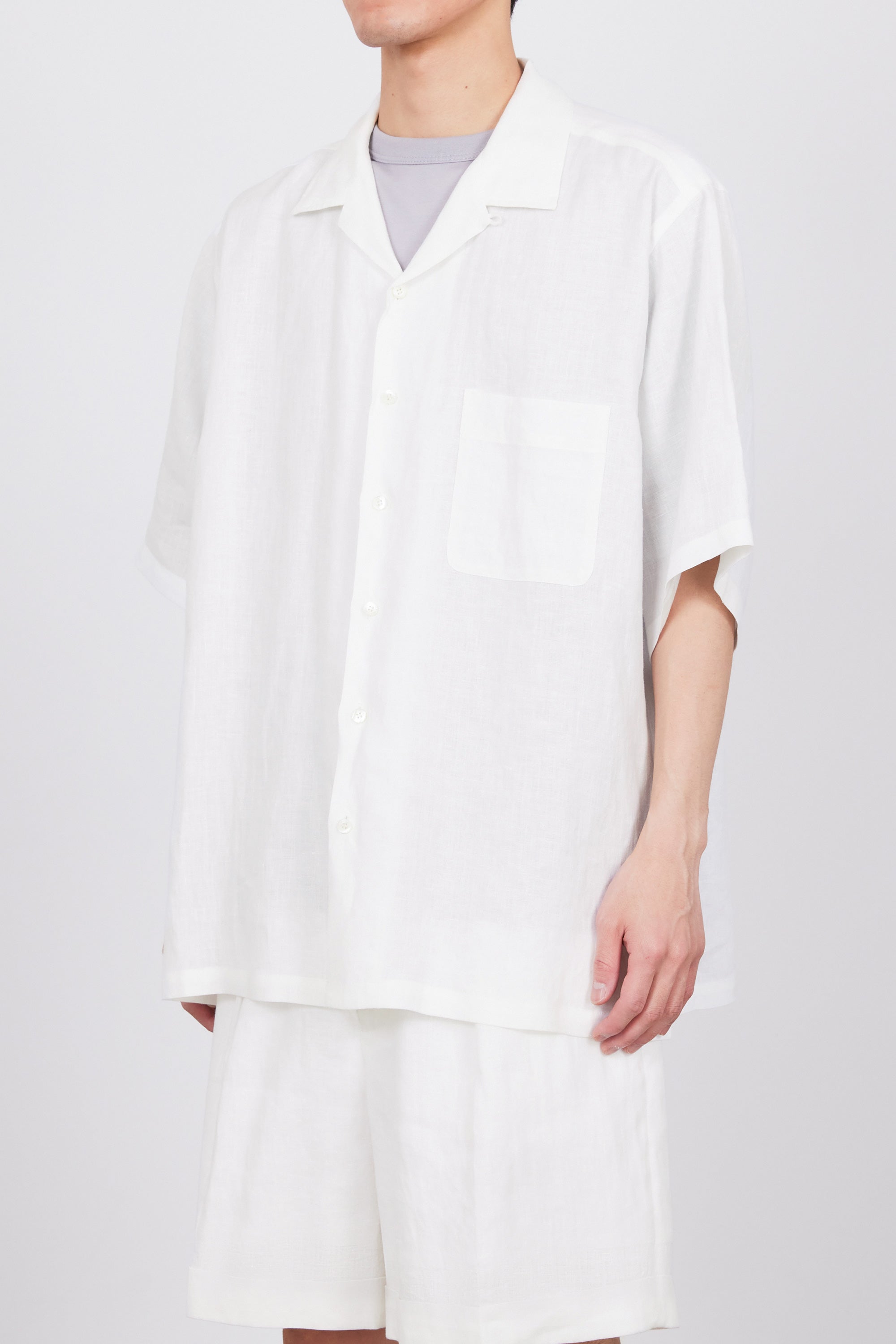 HEMP SHIRTING OPEN COLLAR WIDE SHIRT S/S, White