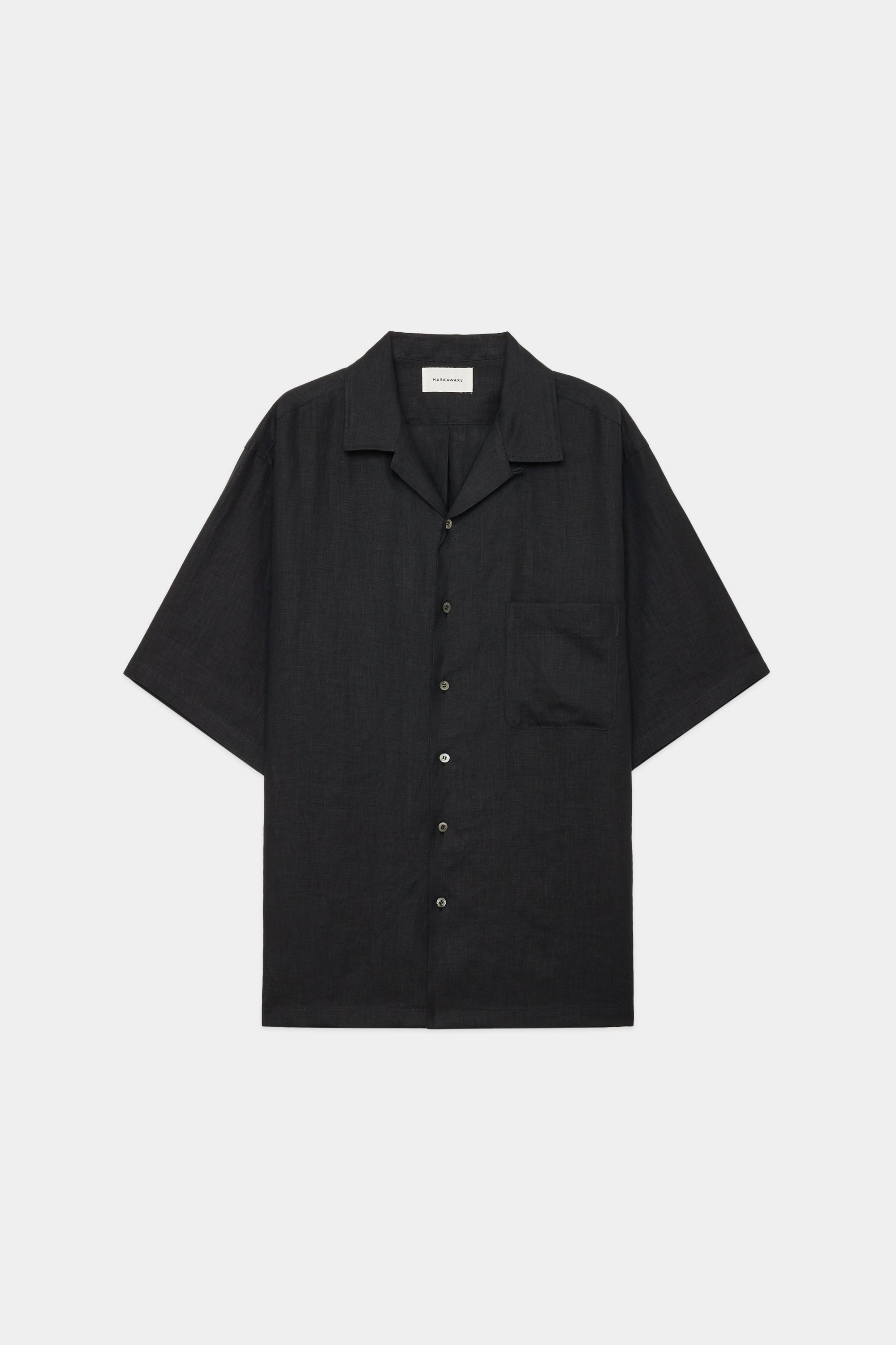 HEMP SHIRTING OPEN COLLAR WIDE SHIRT S/S, Black