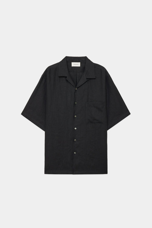 HEMP SHIRTING OPEN COLLAR WIDE SHIRT S/S, Black