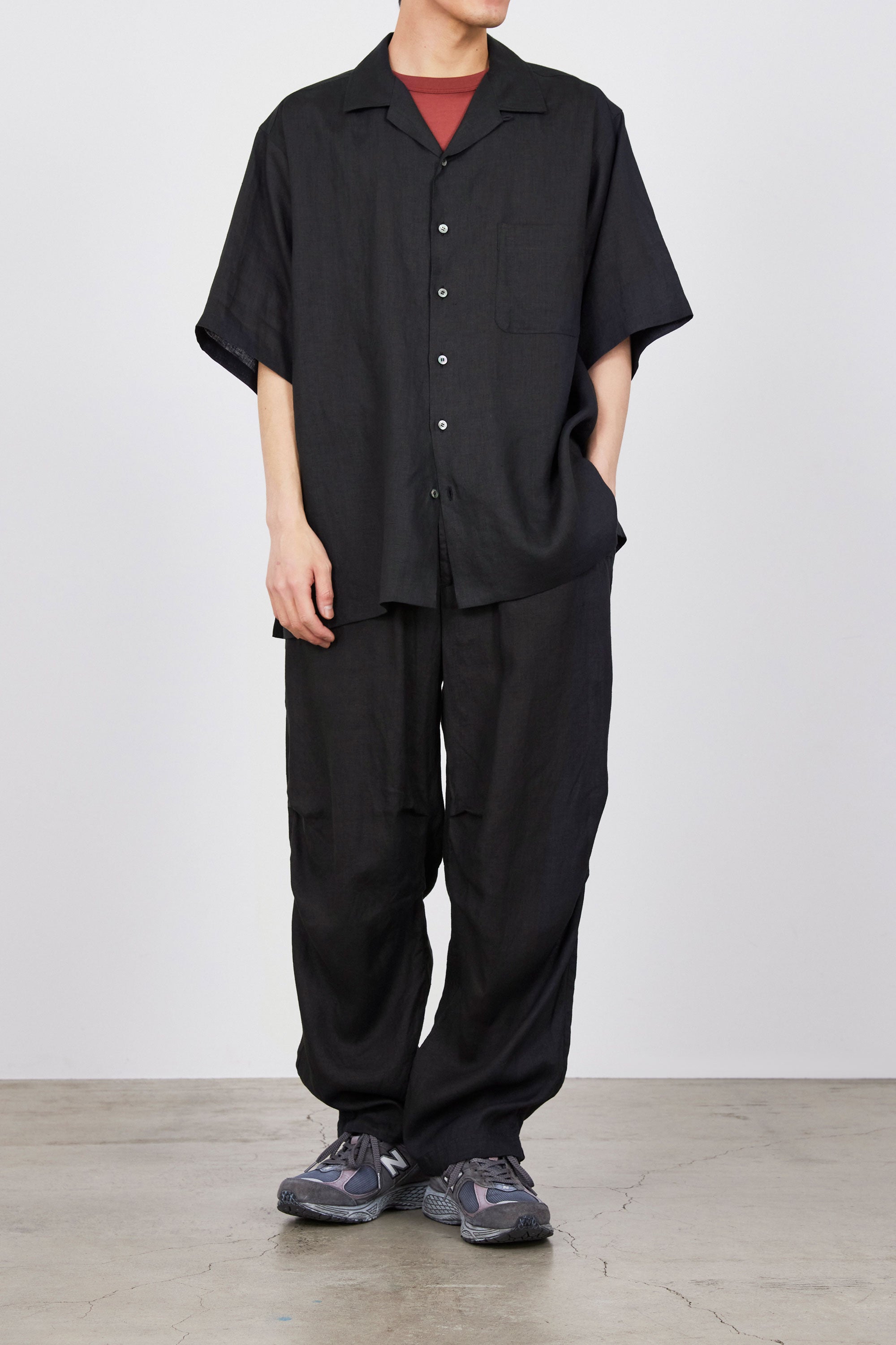 HEMP SHIRTING OPEN COLLAR WIDE SHIRT S/S, Black