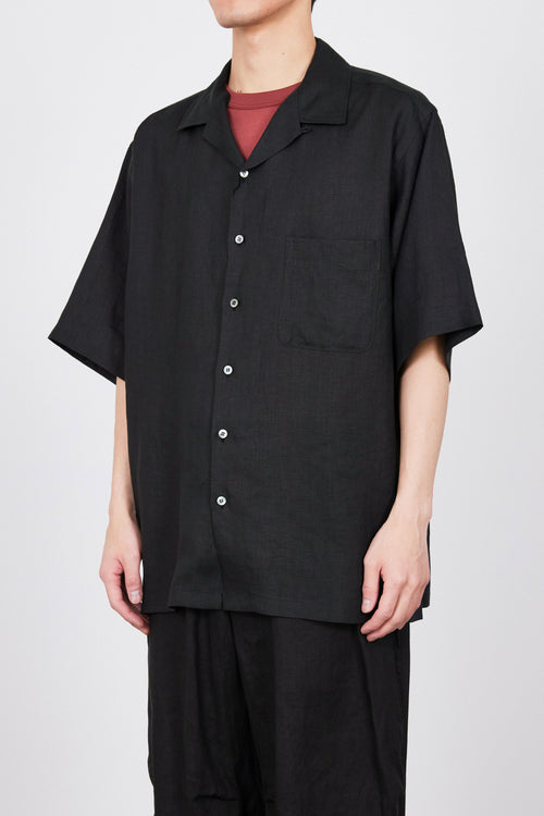 HEMP SHIRTING OPEN COLLAR WIDE SHIRT S/S, Black