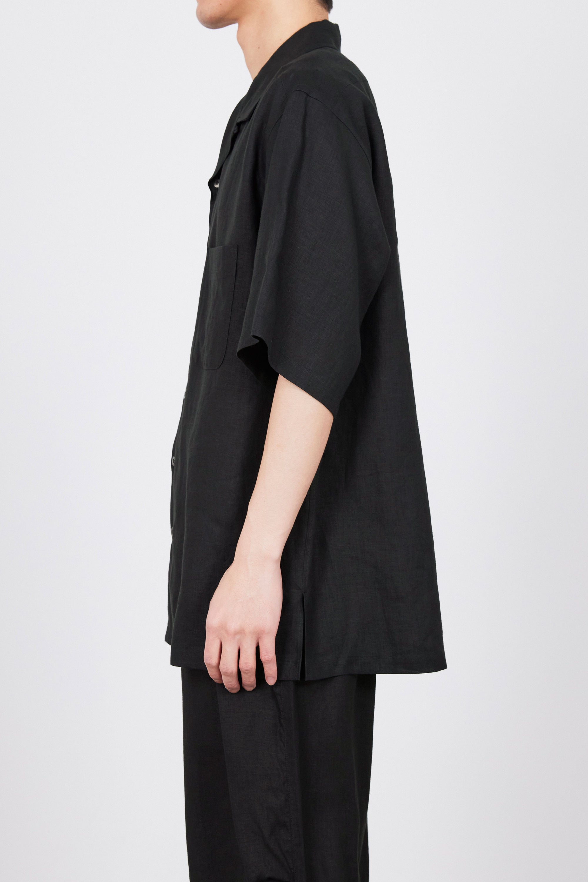 HEMP SHIRTING OPEN COLLAR WIDE SHIRT S/S, Black