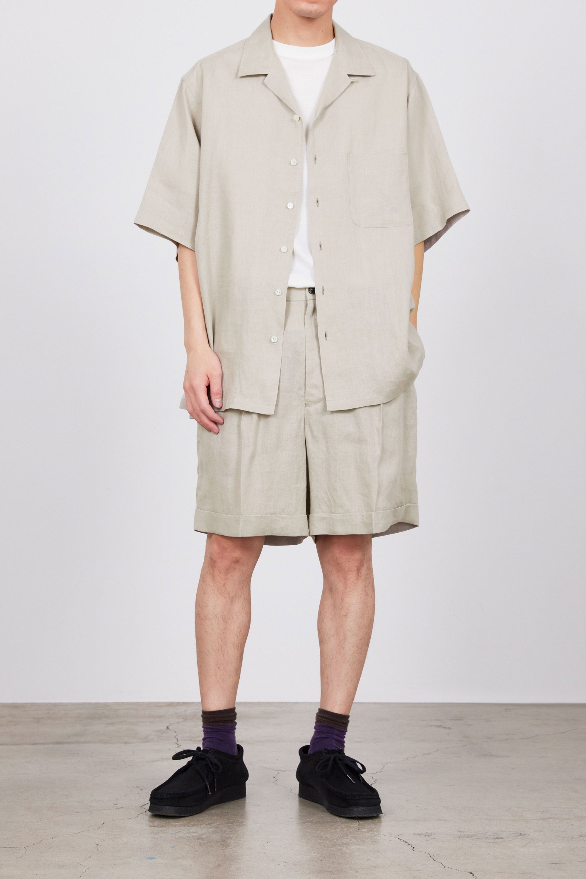 HEMP SHIRTING OPEN COLLAR WIDE SHIRT S/S, Taupe