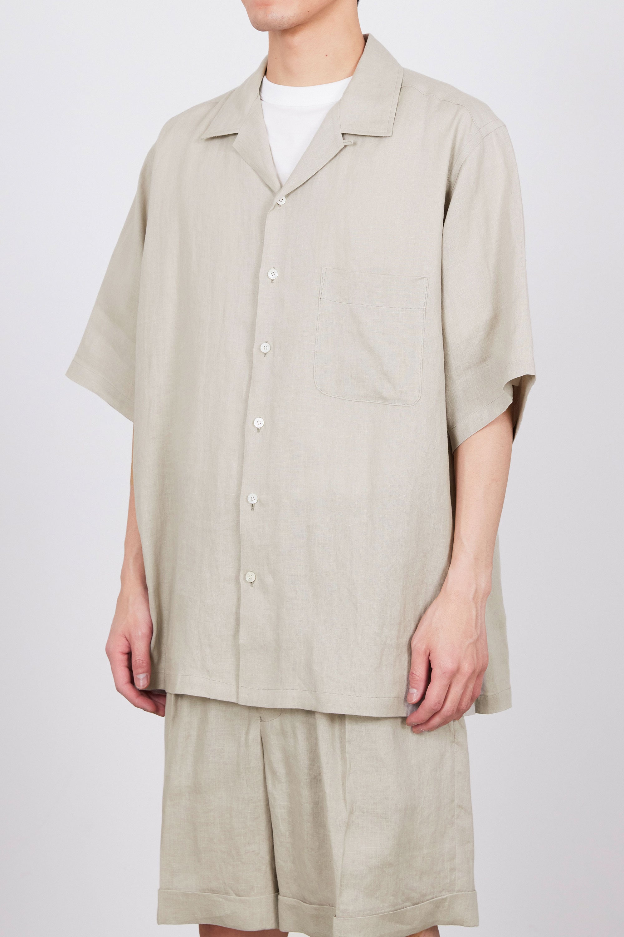 HEMP SHIRTING OPEN COLLAR WIDE SHIRT S/S, Taupe