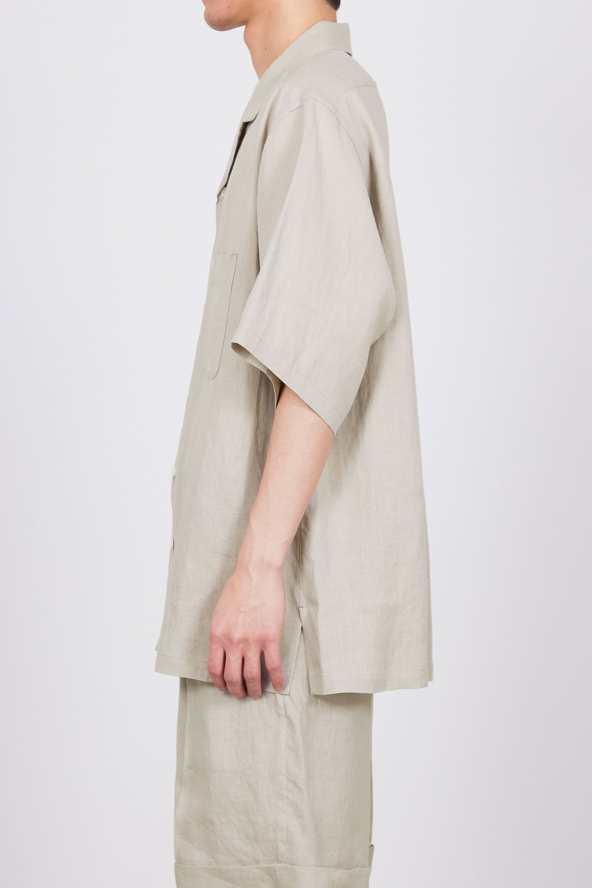 HEMP SHIRTING OPEN COLLAR WIDE SHIRT S/S, Taupe