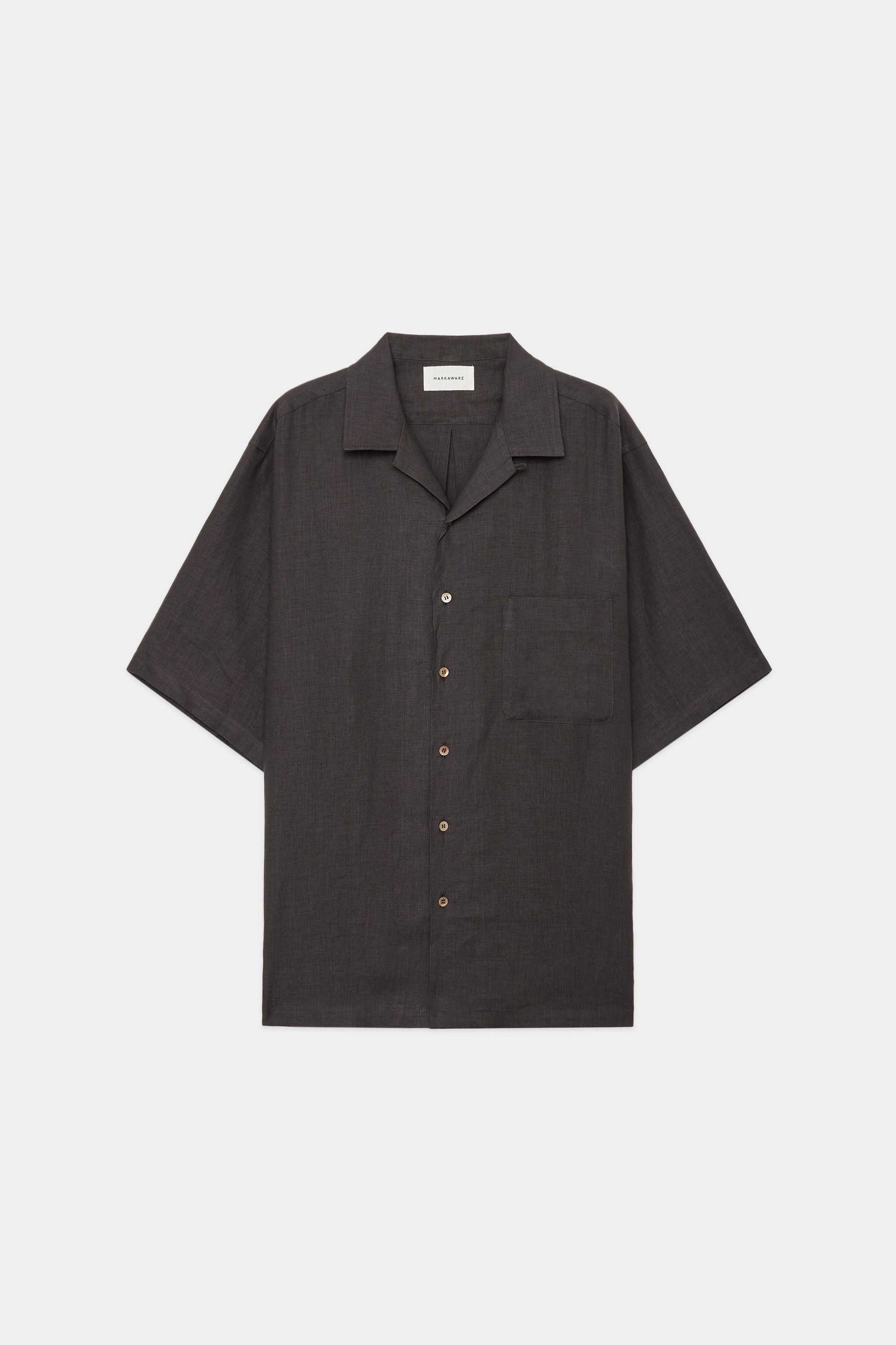 HEMP SHIRTING OPEN COLLAR WIDE SHIRT S/S, Coffee Brown