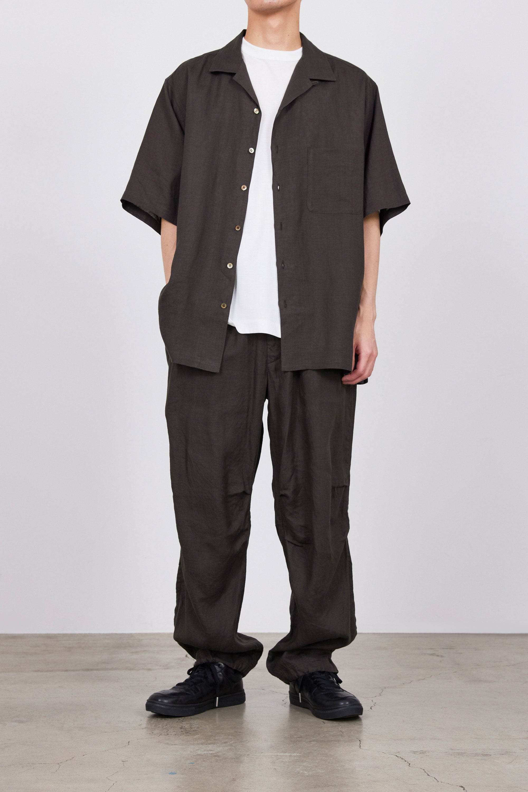 HEMP SHIRTING OPEN COLLAR WIDE SHIRT S/S, Coffee Brown